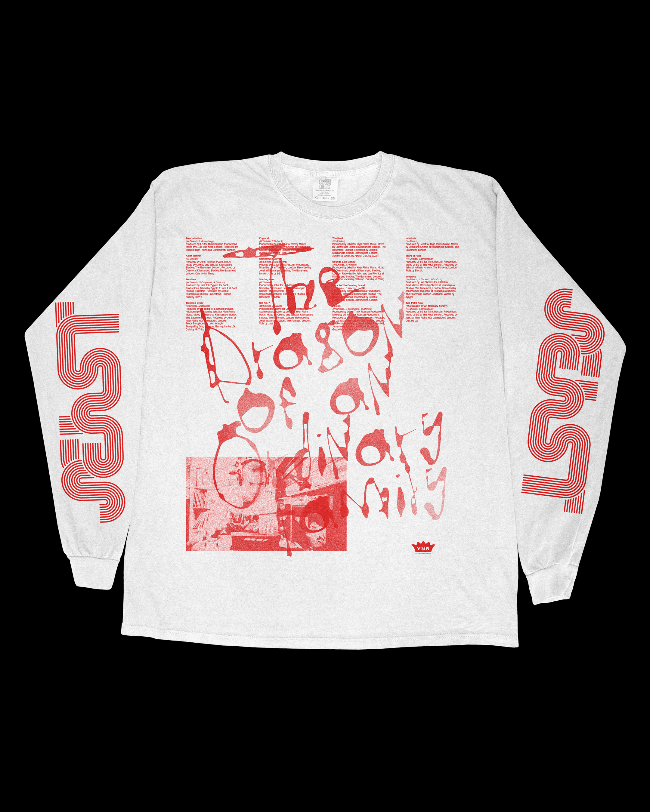 White long-sleeve t-shirt with red text and graphics, including abstract handwriting in the center and intricate designs on the sleeves.