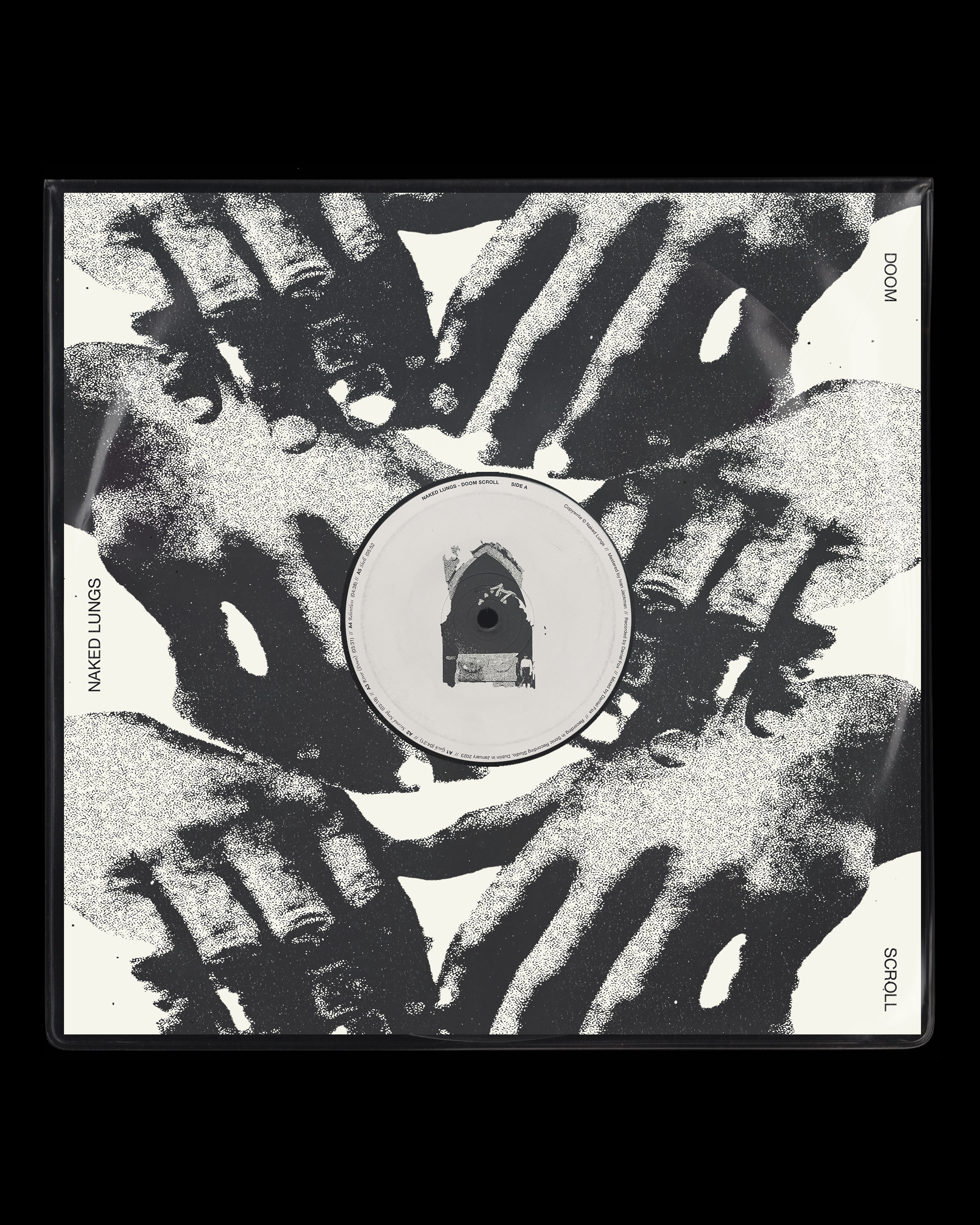 Vinyl record cover with monochrome hand patterns and text "Naked Lungs," "Scroll," and "Doom."
