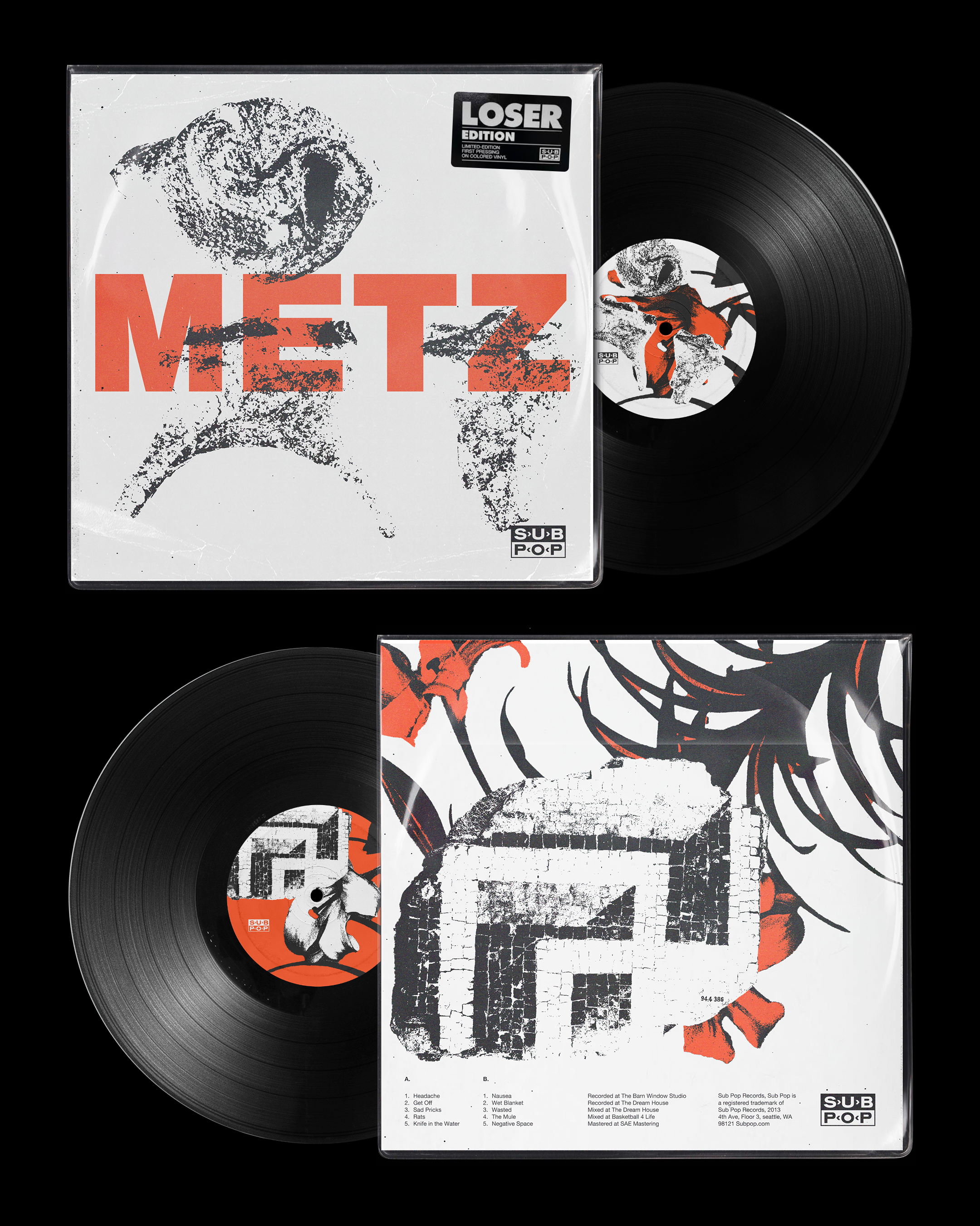 Vinyl record of "METZ" album with cover art and tracklist. "Loser Edition" sticker on front. Sub Pop logo displayed. Abstract art in black and orange on cover.