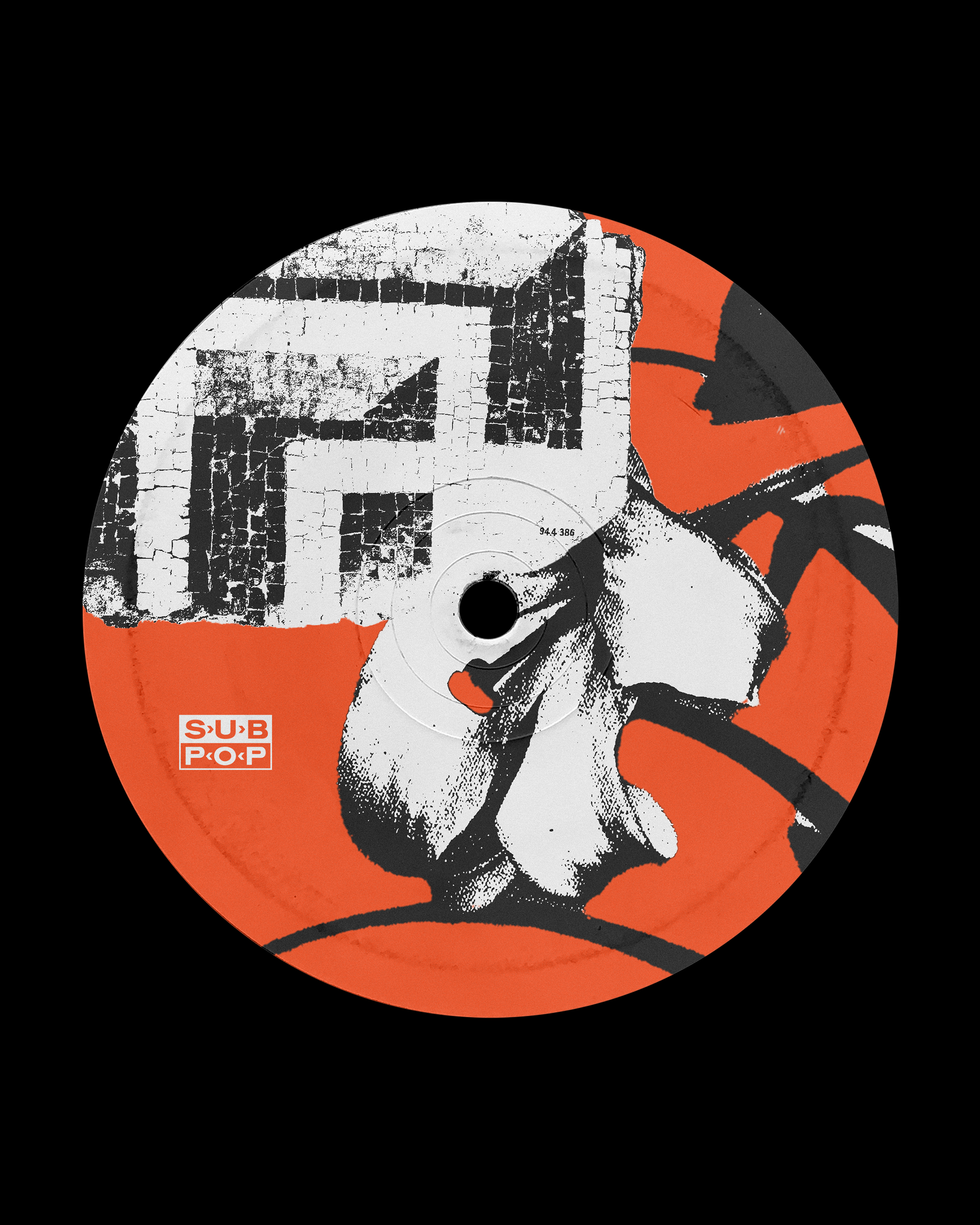 Abstract vinyl record label design with a black and white textured pattern and bold orange accents, featuring the "Sub Pop" logo.