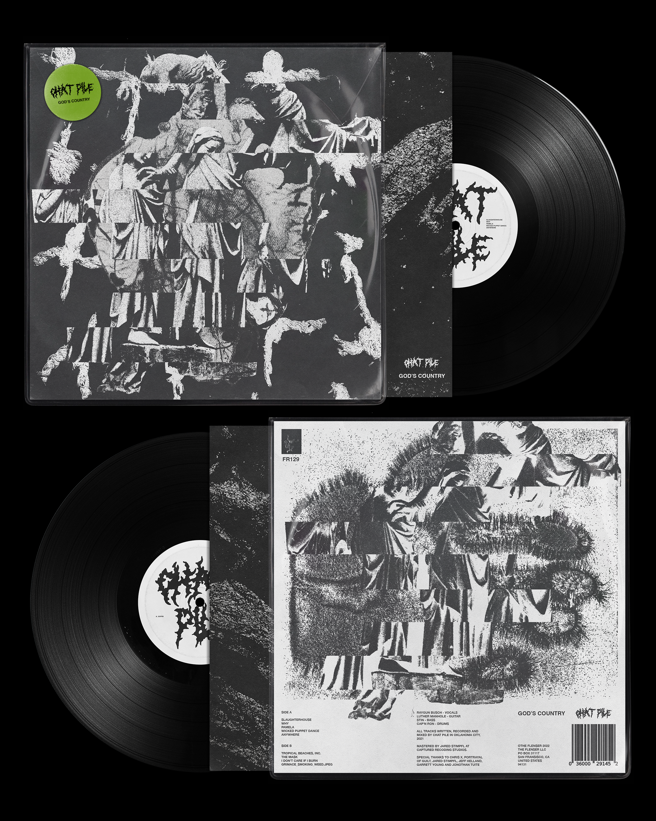 Collage of two vinyl records with a monochrome cover art design featuring abstract, fragmented statues and figures. The album is titled "God's Country" by Chat Pile, with a green sticker on the front. The design has a gritty, textured appearance with