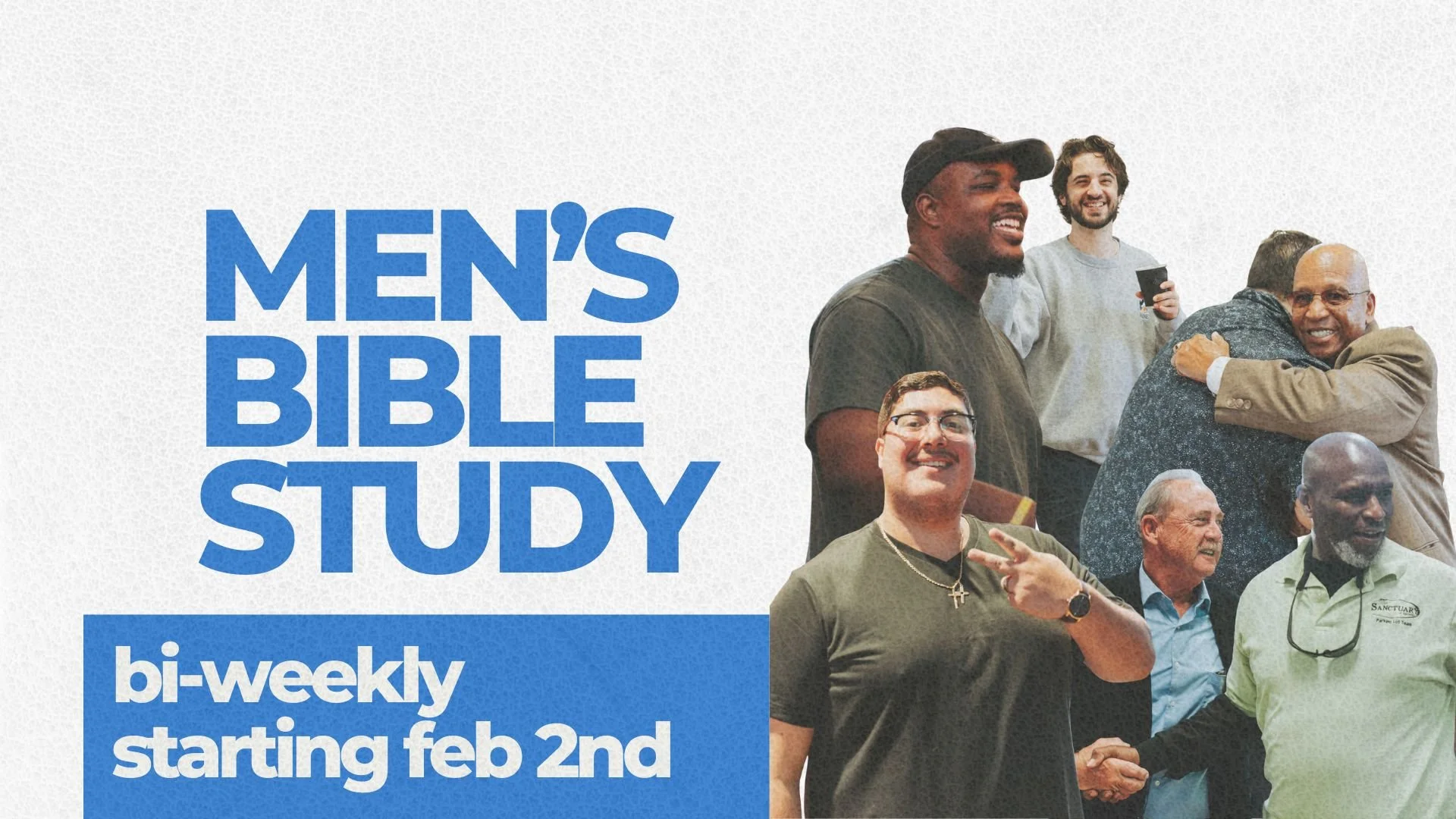 Group of diverse men smiling and hugging, with some making peace signs or holding drinks, promoting men's Bible study starting February 2nd.