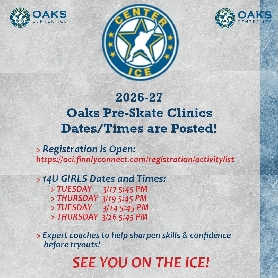 Registration for pre-skates at Oaks Center Ice are open, including sessions specifically for 14U Girls! https://oci.finnlyconnect.com/registration/activitylist
LEAD THE CHARGE!