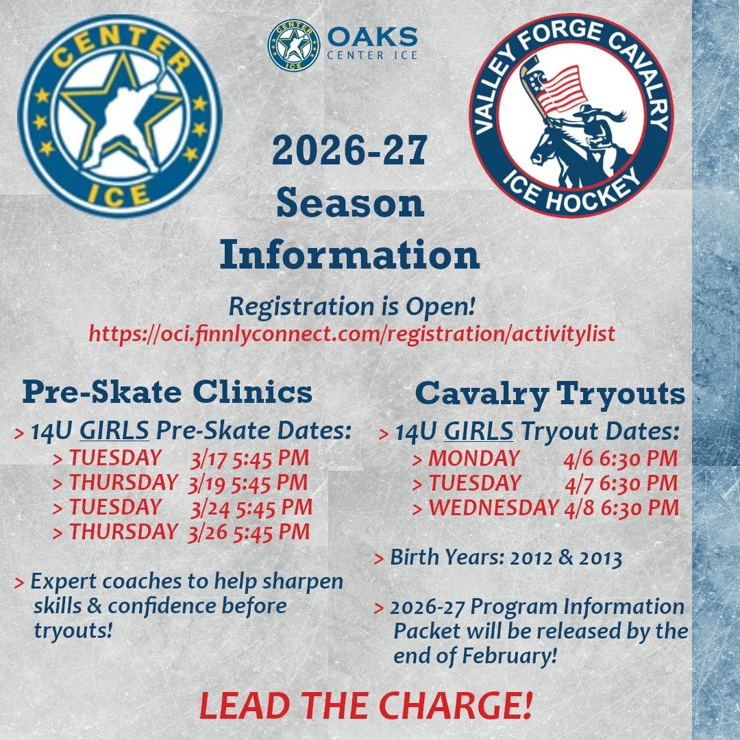 Who's ready to LEAD THE CHARGE!? Valley Forge Cavalry Inaugural 14U girls program registration for 2026-27 Tryouts are available at https://oci.finnlyconnect.com/registration/activitylist

Enlist today!

And don't forget to sign up for Cavalry boot c