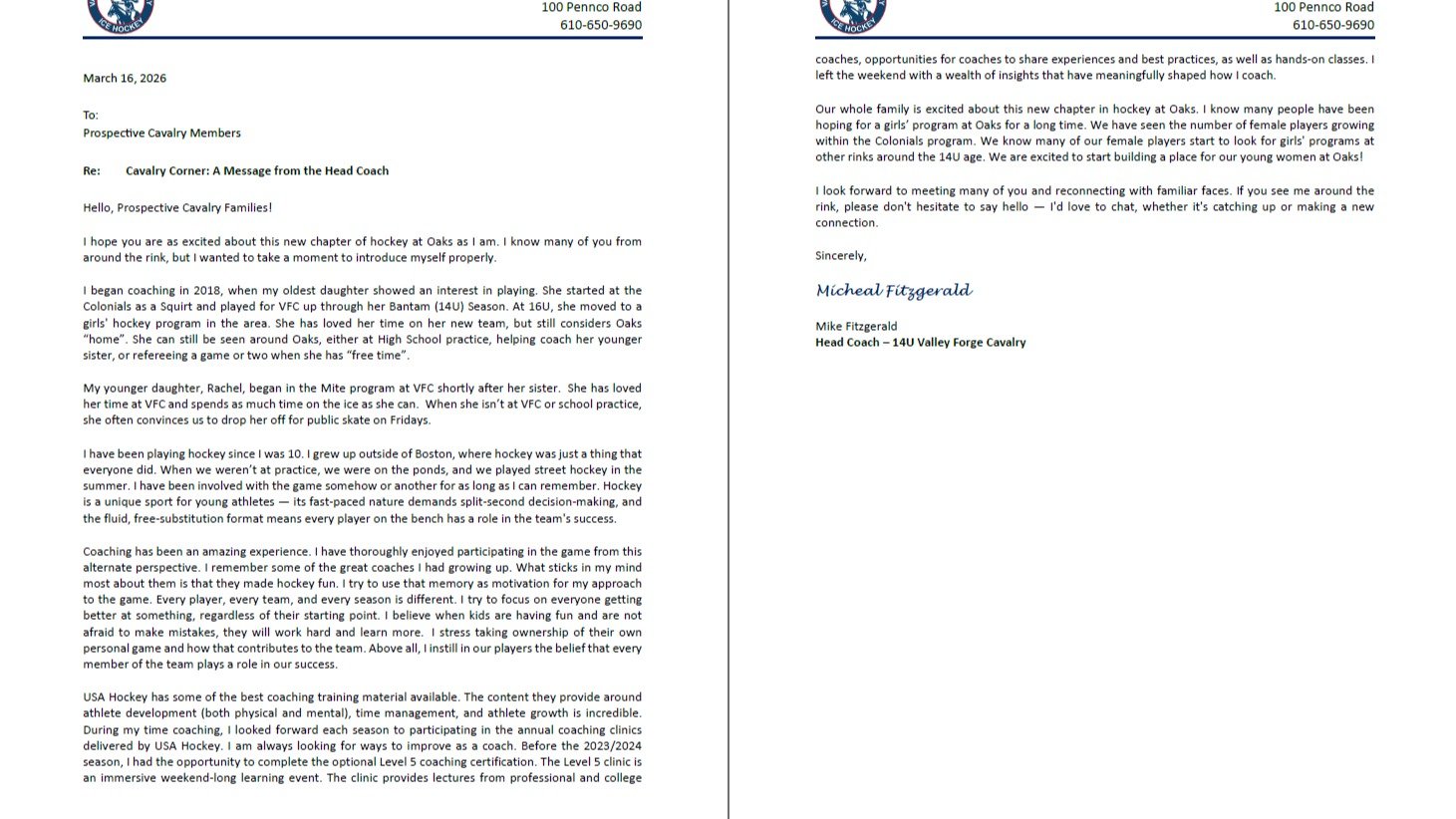 Cavalry Corner: A Message from the Head Coach

Pre-skates start tomorrow (3/17) at 5:45 PM!

Tryouts start 4/6 at 6:30 PM!

LEAD THE CHARGE!