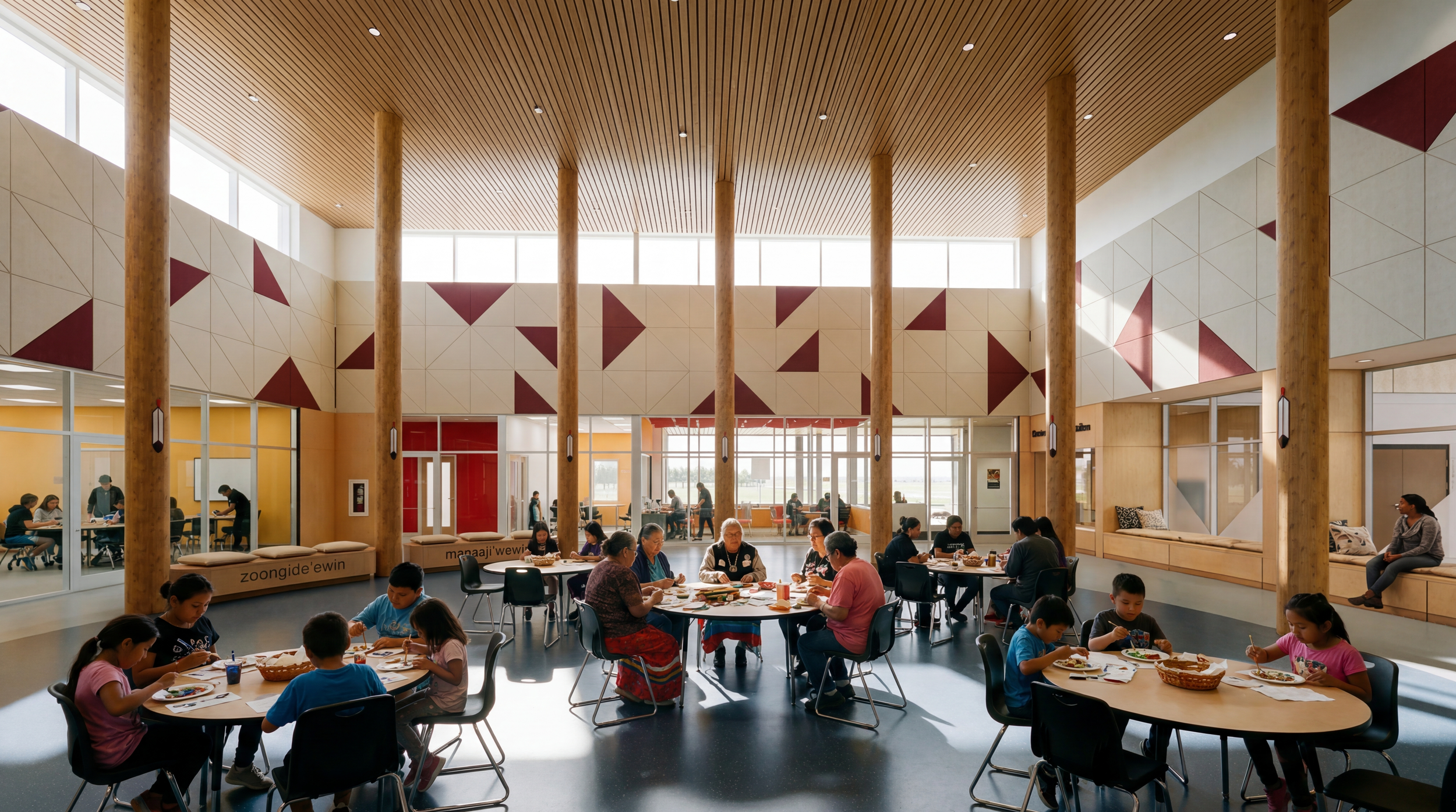 Architectural rendering of the modern interior lobby with tall wooden columns, geometric wall patterns, and a large glass entrance, featuring seating areas with benches in Swan Lake First Nation.
