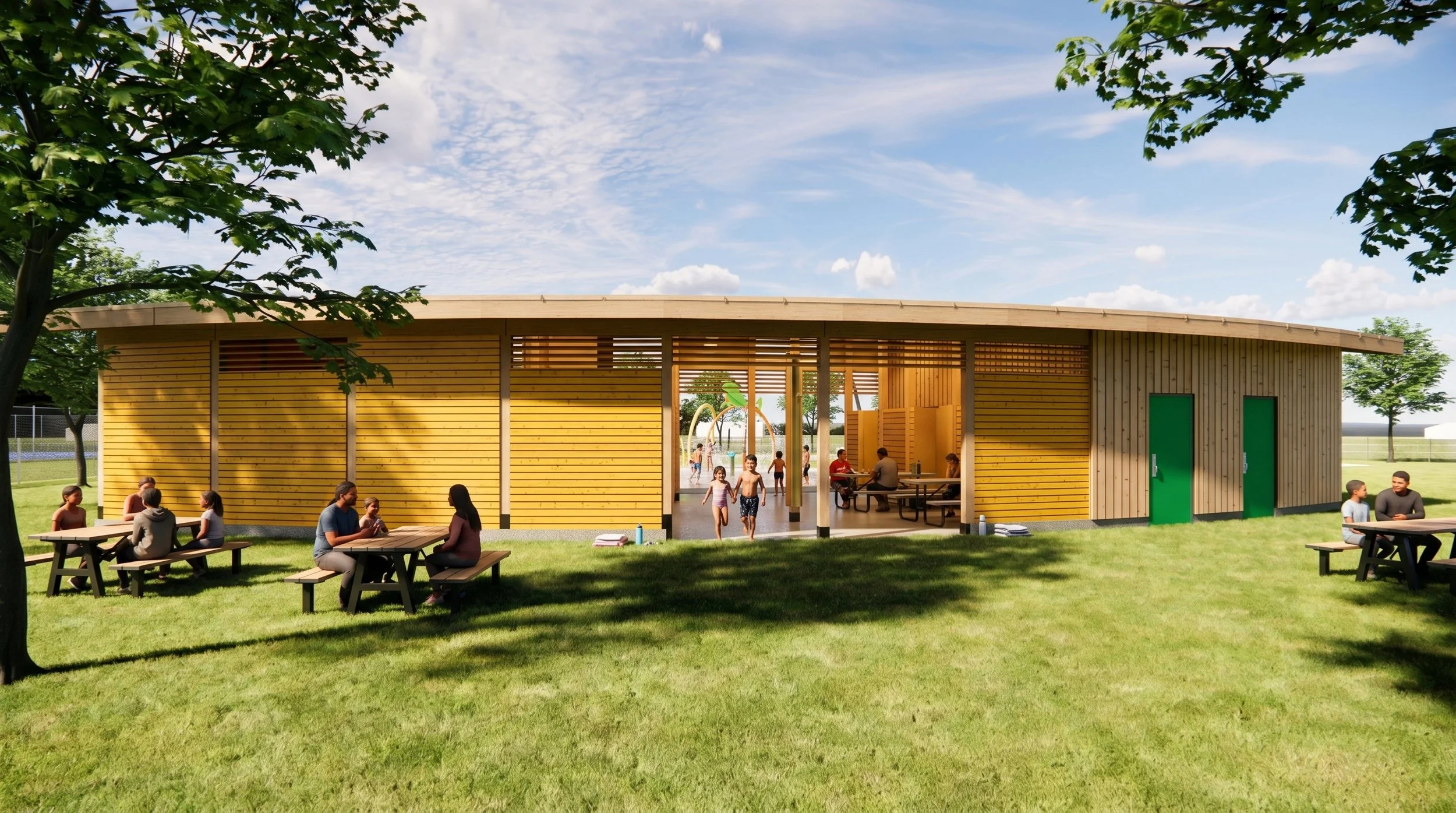 Modern wooden pavilion with green doors in a grassy park under a partly cloudy sky.