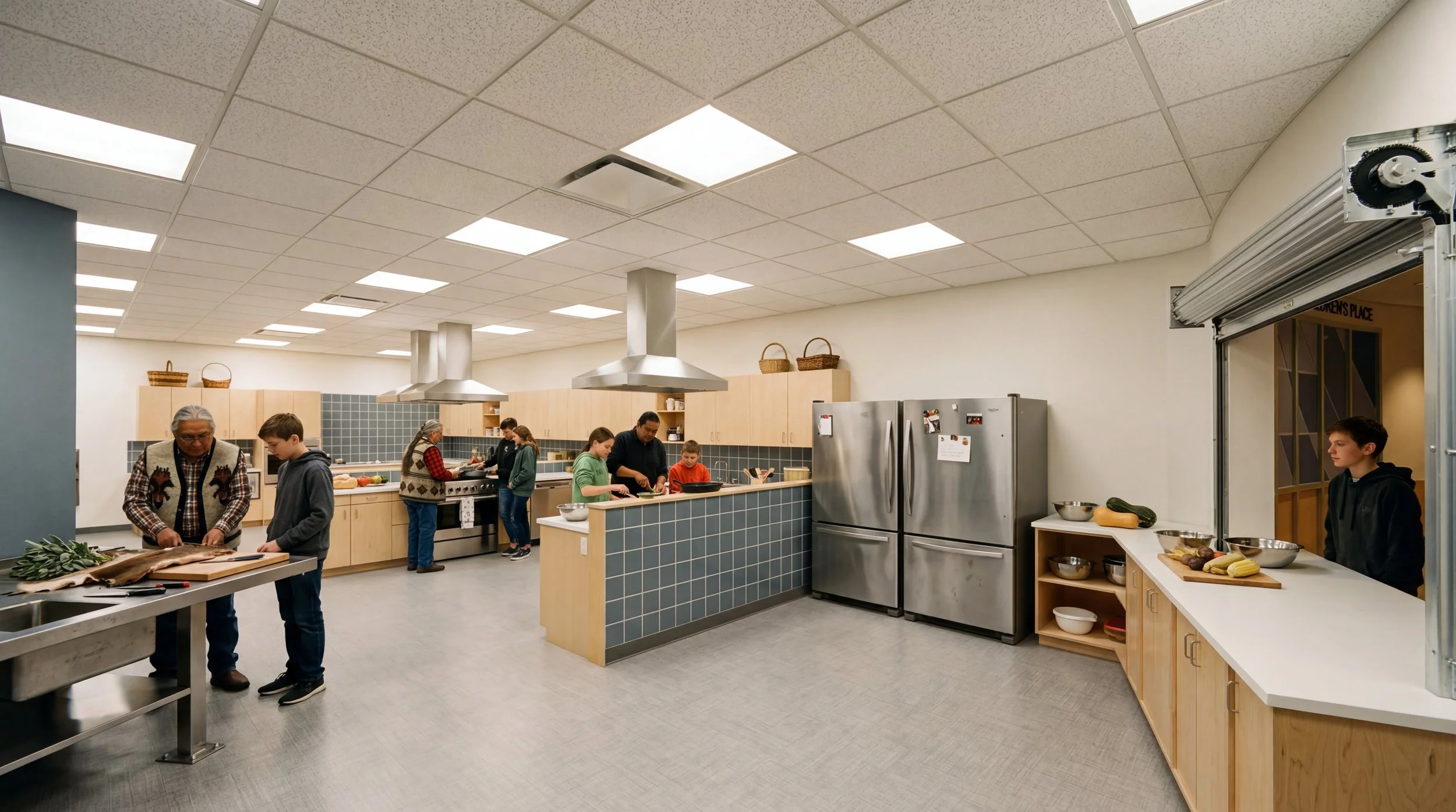 Modern kitchen with light wood cabinets, gray tile backsplash, black appliances, and overhead white range hoods.