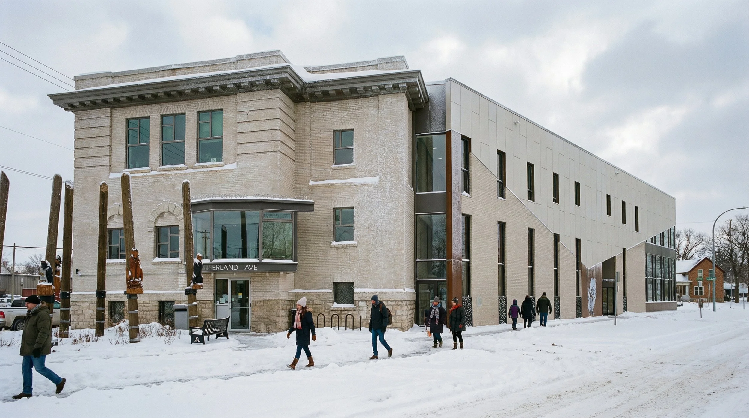 Architectural rendering of the MICEC project showing the existing building with a modern multi-story addition on a snowy street with people walking by and some wooden totems near the entrance.
