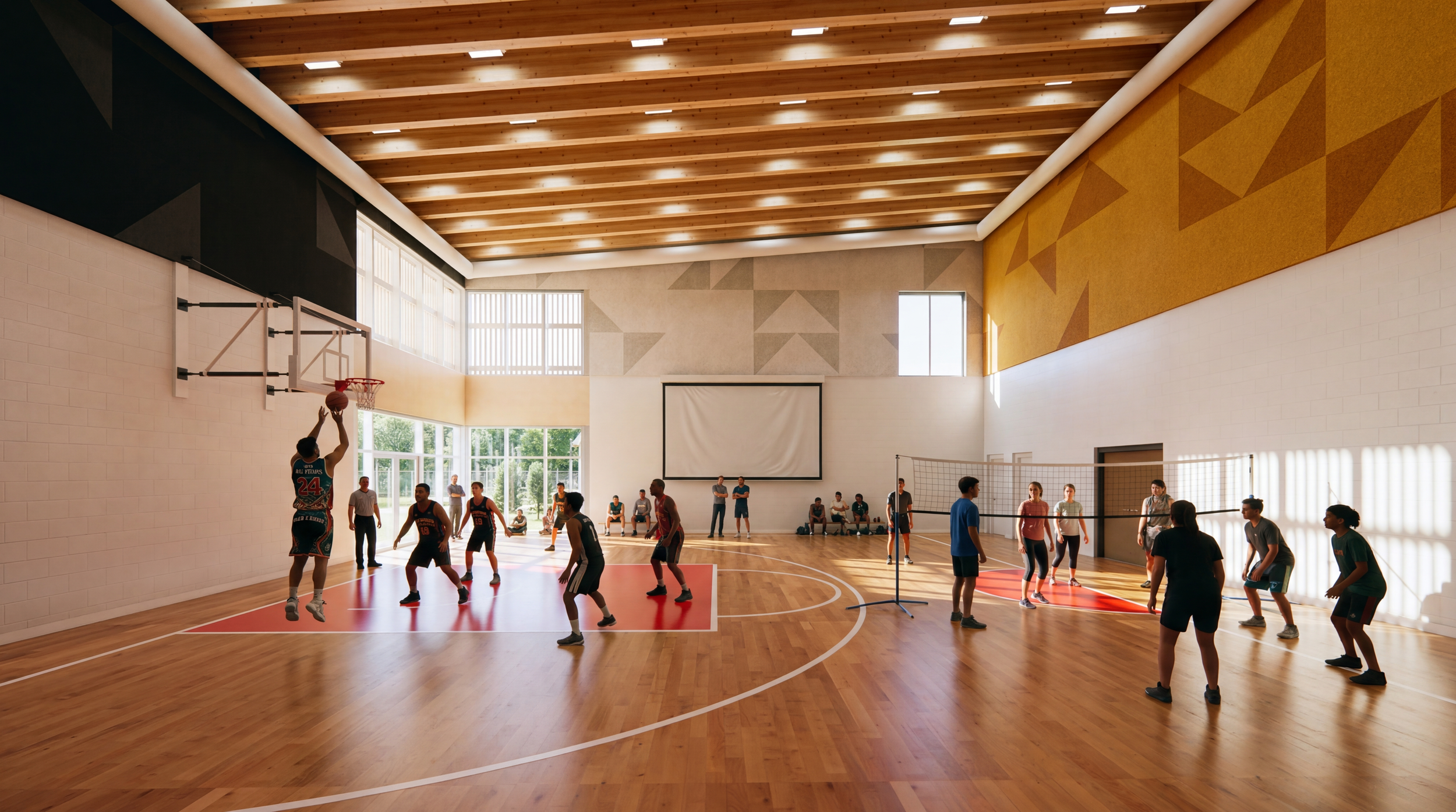 Indoor basketball court with wooden flooring, basketball hoop, and colorful geometric wall designs.