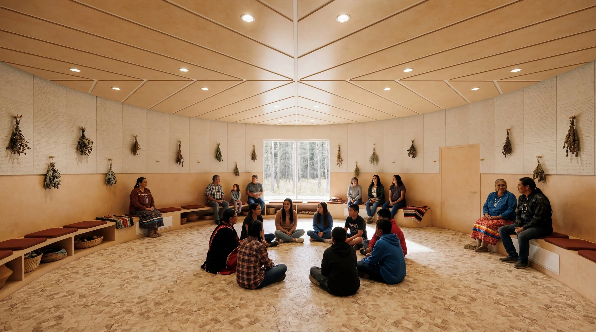 Interior view of a modern, circular room with beige walls and wooden ceiling panels. The room features built-in bench seating with brown cushions, a textured beige stone floor, and large windows with a view of green trees outside.