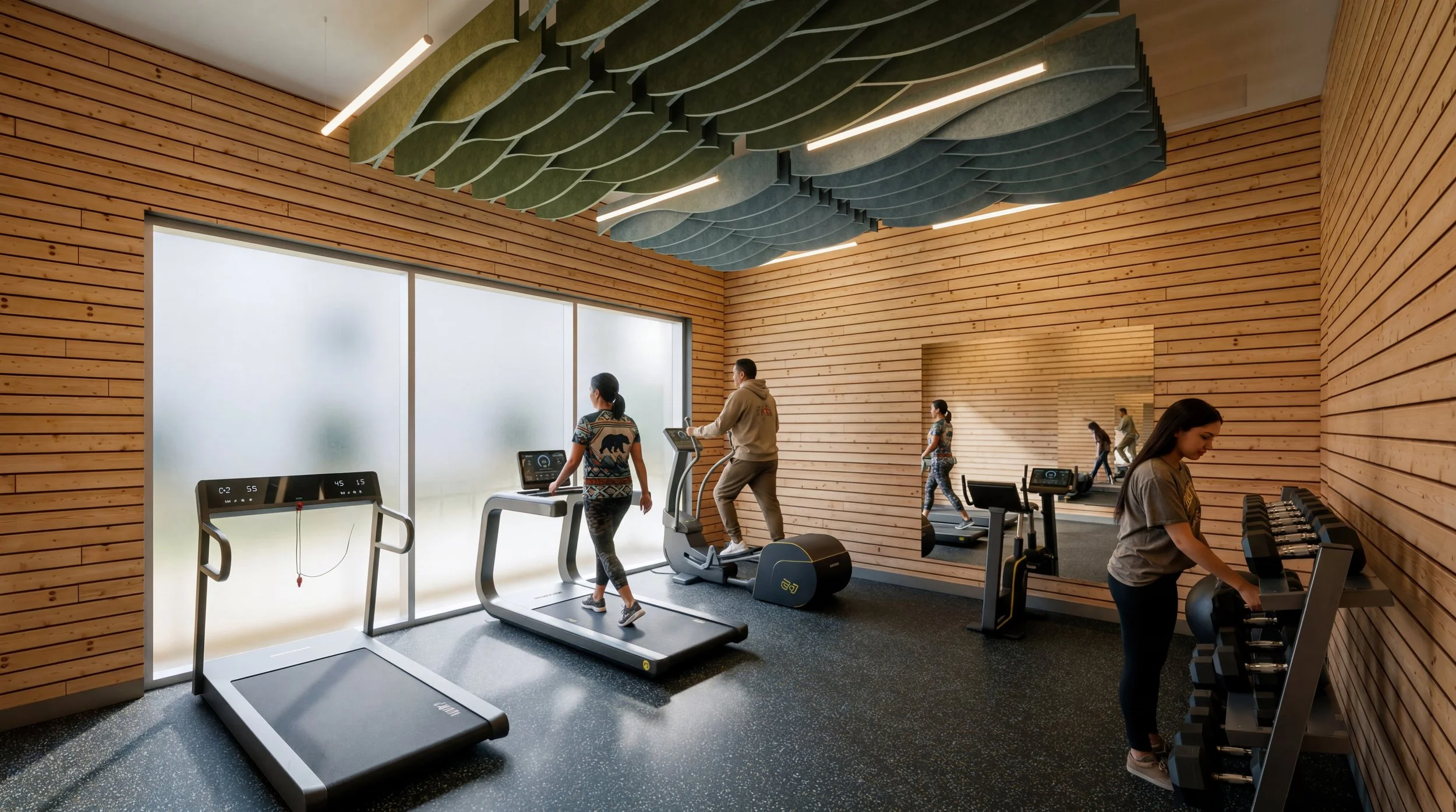 Workout room with wood-paneled walls, large frosted windows, and exercise equipment including treadmills, a rowing machine, a stationary bike, and dumbbells on a rack, with natural light coming through the windows.