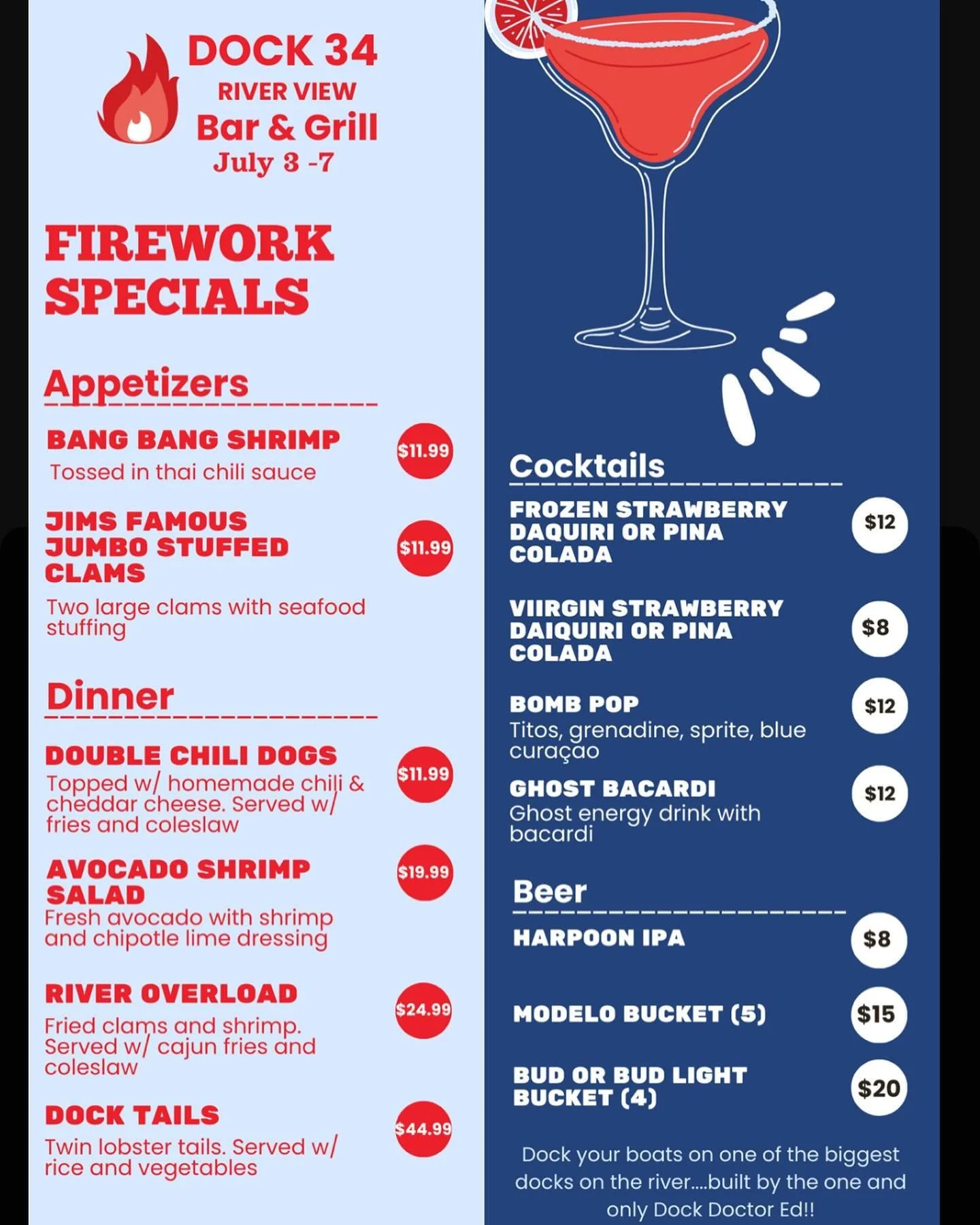 Firework Specials 🎆July 3-7‼️
 

#ct #ctbites #ctfoodie #karaoke #ctkareoke #ct #dockside #docksidedining #connecticut #waterview #ctmusic