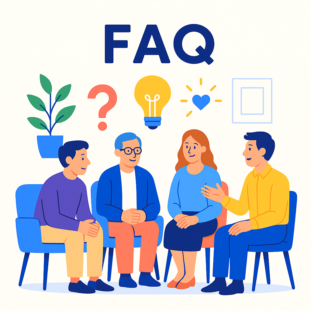 Four people sitting in a circle engaging in a discussion, with icons above depicting a plant, question mark, light bulb, heart, and a frame.