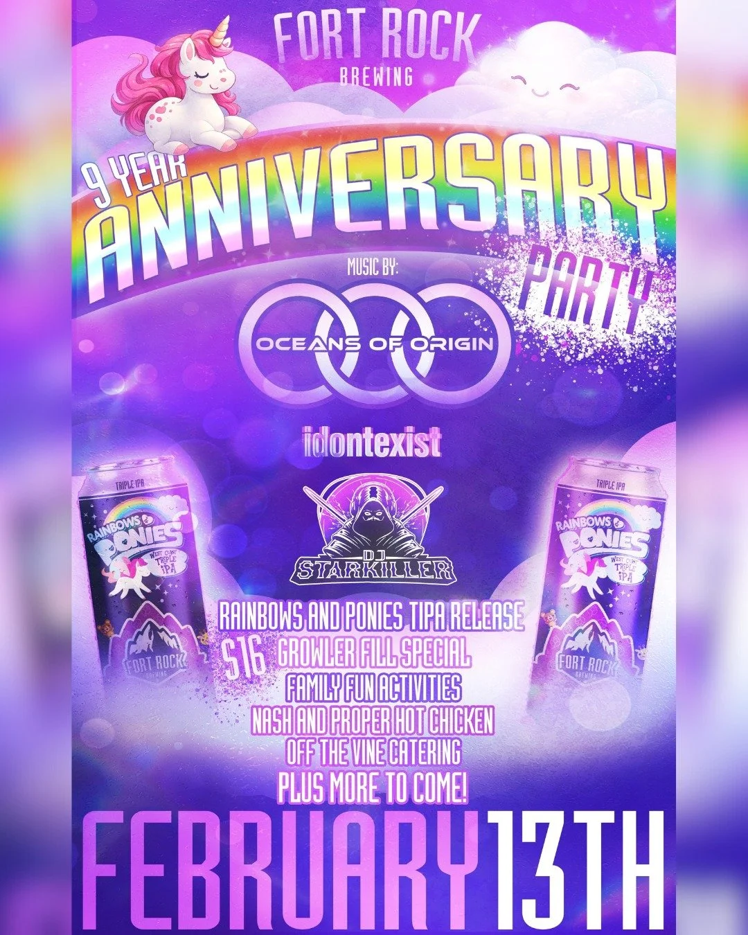 Get ready to party this Friday, because @fortrockbrews is turning 9!🍻 

📅 Friday, February 13 
⏰ 11AM-11PM
🍽️ Off The Vine Catering 12-4PM, Nash &amp; Proper 4-8PM
🎶 Live Music 7-10 PM
🎉 Special beer release, cotton candy machine, balloon animal