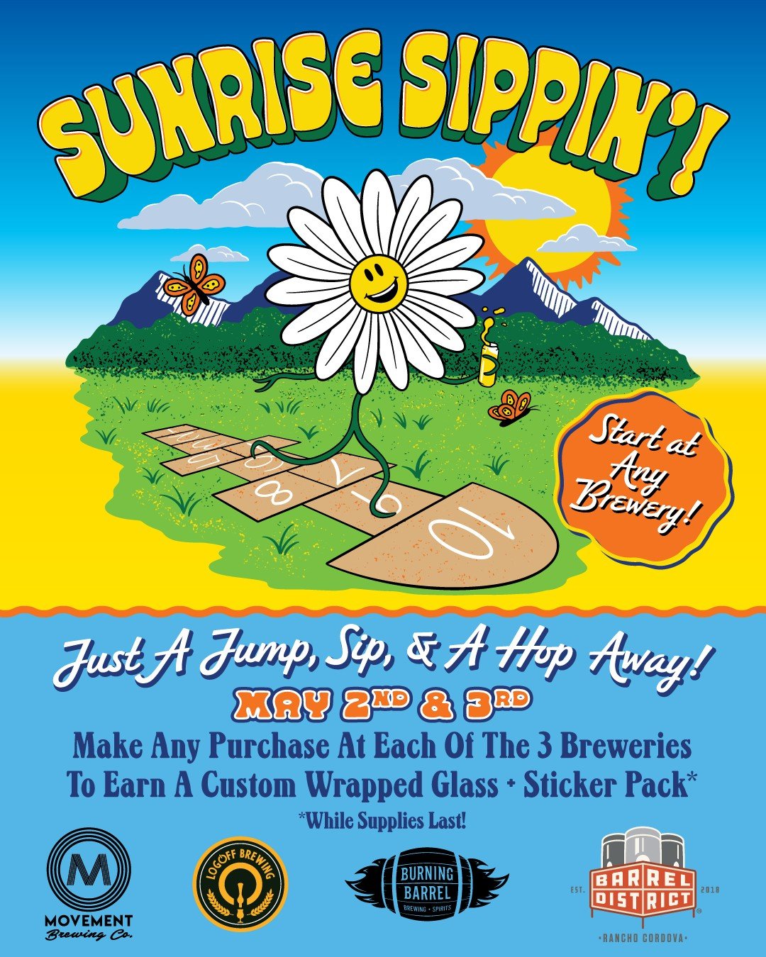 @sacramentobeerweek is almost here...and that means Sunrise Sippin' is, too! 🎉 

On May 2 &amp;3, make any purchase at each of these three breweries - @logoffbrewing, @movementbrewing, @burningbarrelbrewco - to receive a commemorative glass and stic