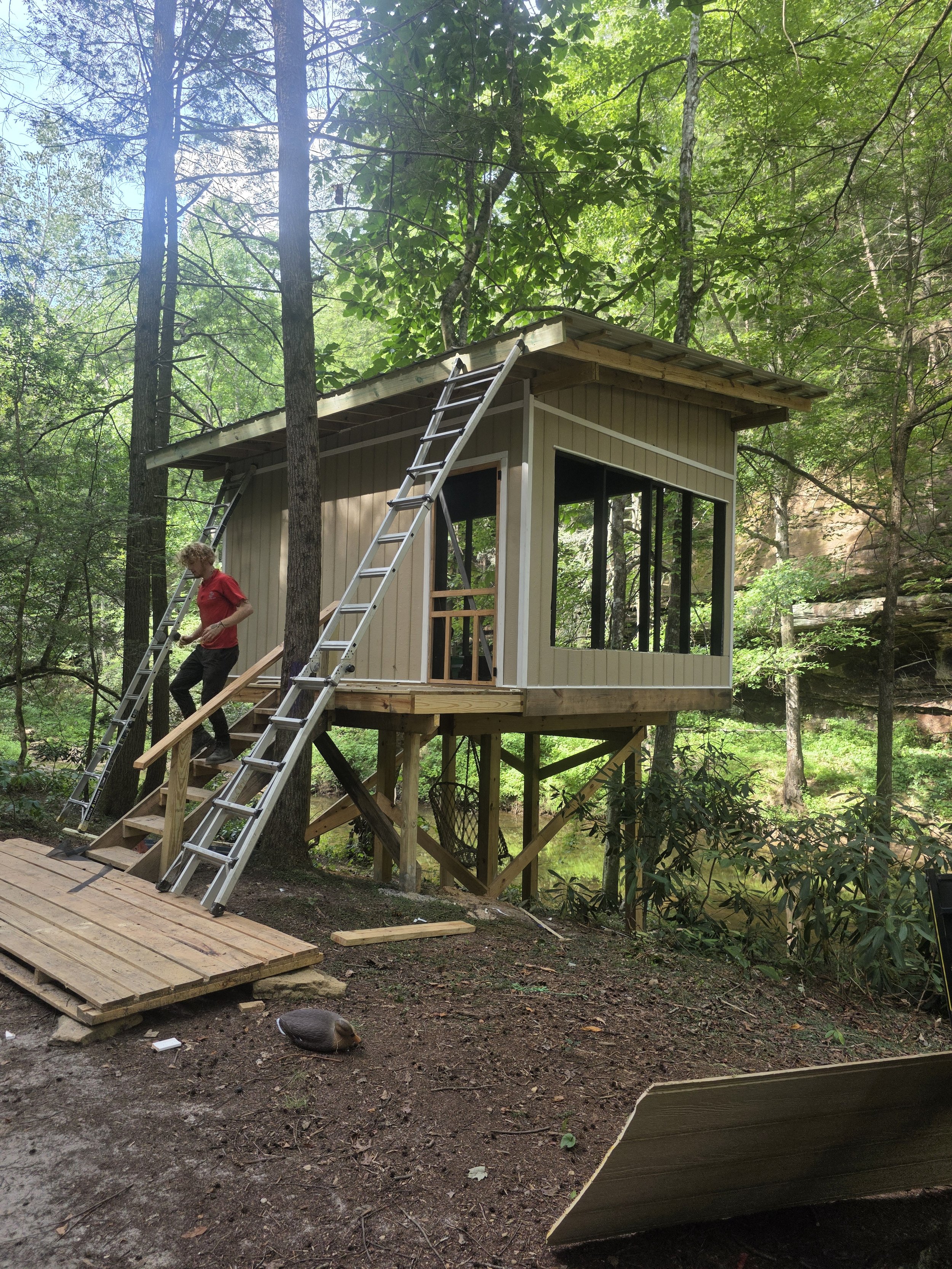 Construction of a small elevated cabin with two ladders leaning against it, in a forested area with a dirt ground, trees, and foliage.