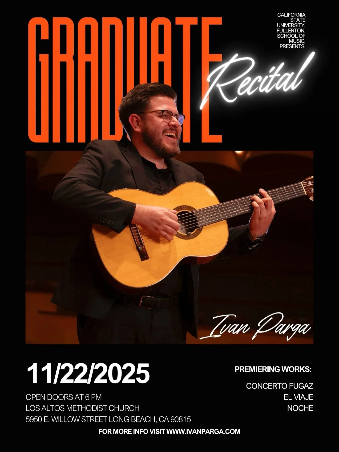 Really excited to share that after years of work, I am finally having my final Composition recital as a CSU Fullerton Composition Student!

This event is the culmination of 3 years of my work as a Master&rsquo;s Graduate Composer; premiering my guita