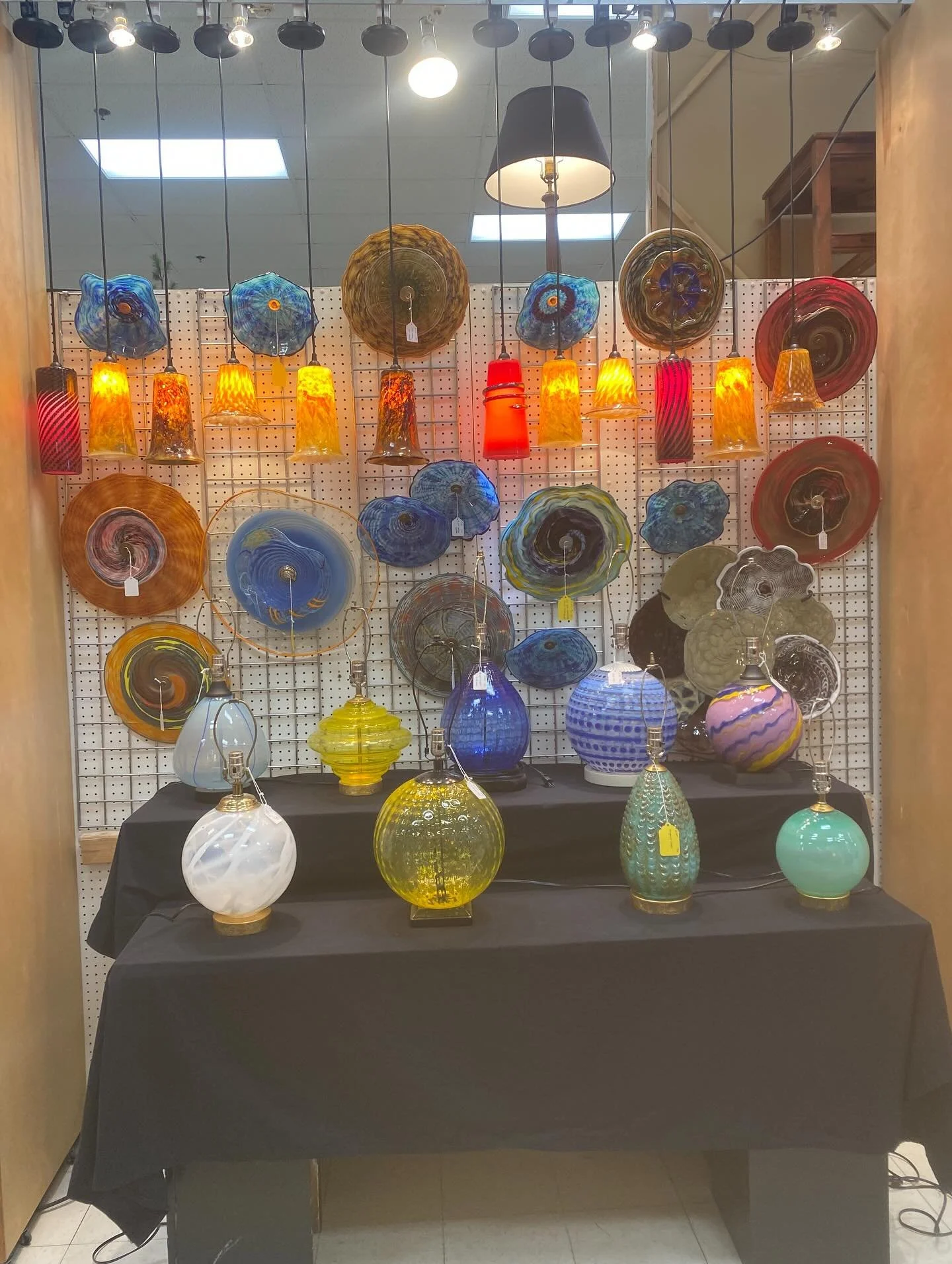 Hand blown glass pendant lights, art glass rondels, table lamps #dierkvankeppel #rockcottageglassworks #metcalfantiquemall