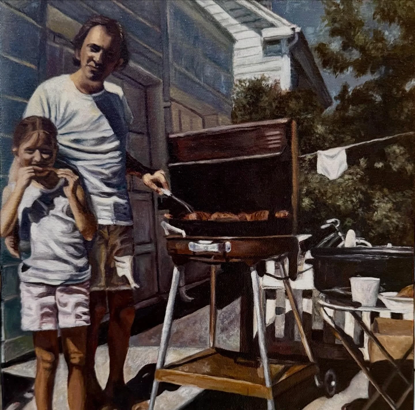 I painted something very special for my mom for Christmas this year. A cherished memory from her childhood. Her uncle and her enjoying some ribs in the backyard. Her uncle has been her father figure, and one of the few familial ties she has left to h