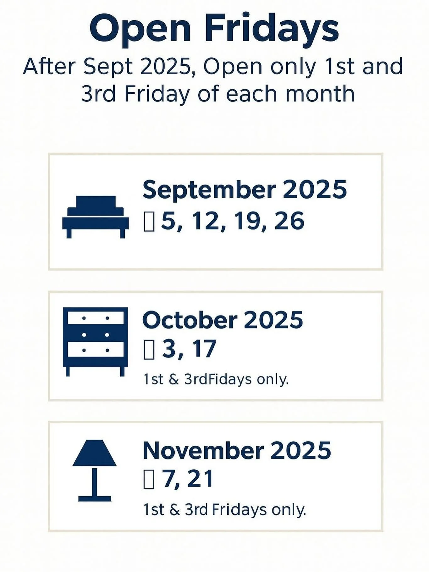📣Schedule Update!🗓 
New Shopping Days Starting October 1st❗️Model  Home Clearance Center will be open on the 1st and 3rd Fridays of each month only. 
📍4754 Arcadia Dr, Suite 110, Frederick, MD
Our hours will remain the same: 
🗓🕙Friday 10A-4P
Mor
