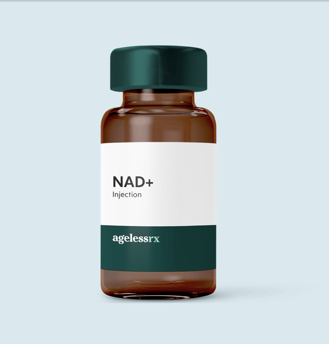 NAD + Ageless RX vial with light blue solid background