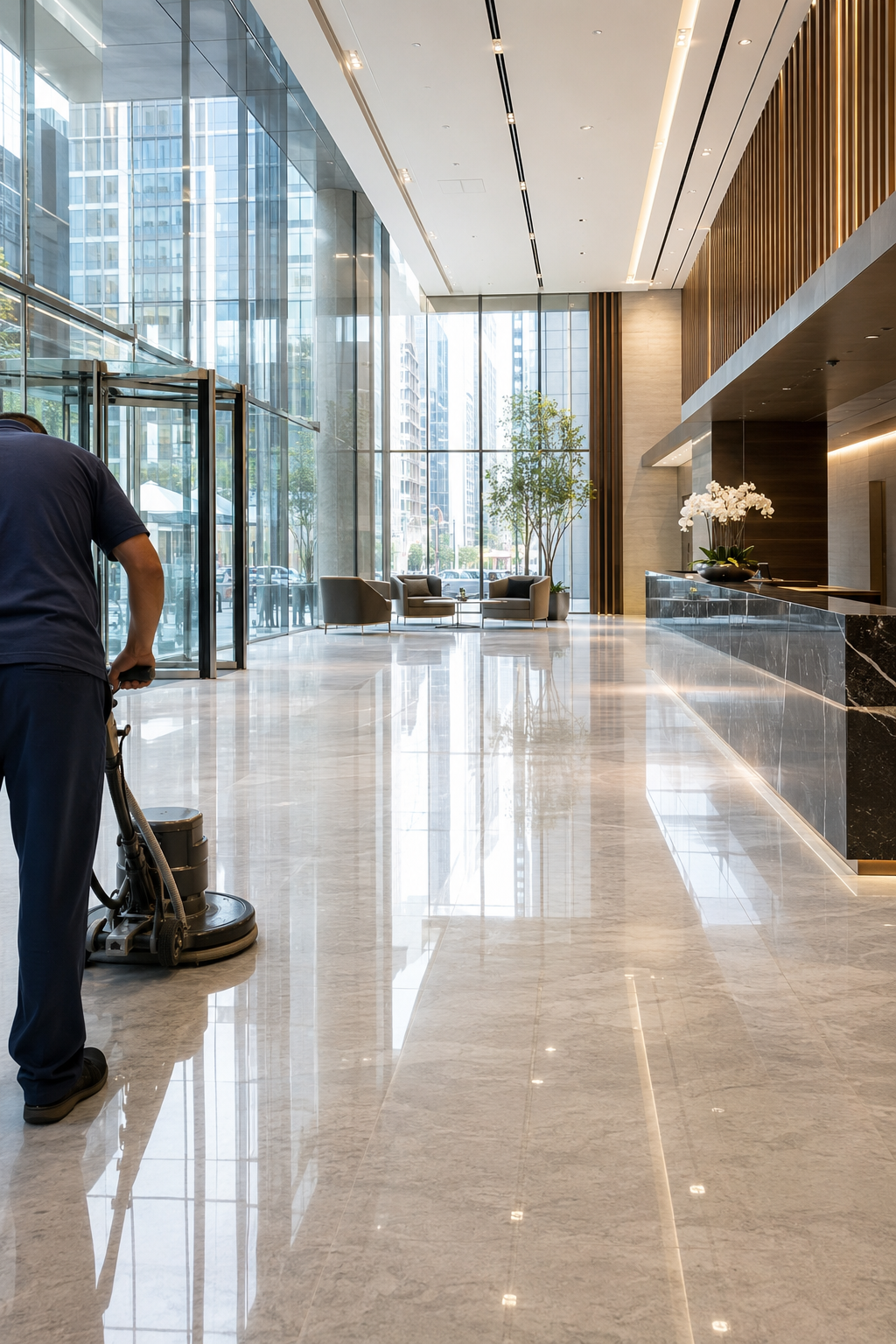 Commercial cleaner polishing the floor of a modern New York City office lobby