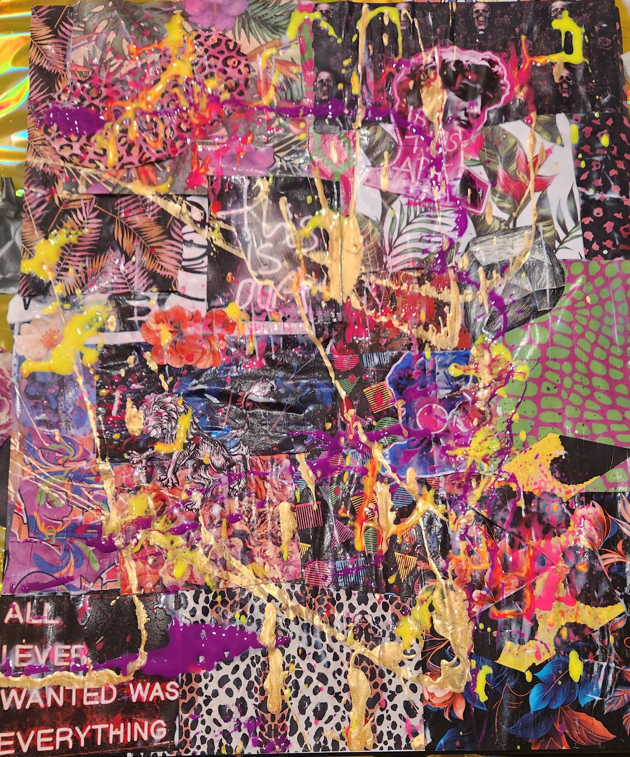 A vibrant, chaotic collage featuring various patterned papers with tropical leaves, animal prints, flowers, and abstract designs. The collage is overlaid with splashes of yellow, purple, and pink paint, creating an energetic, abstract composition.