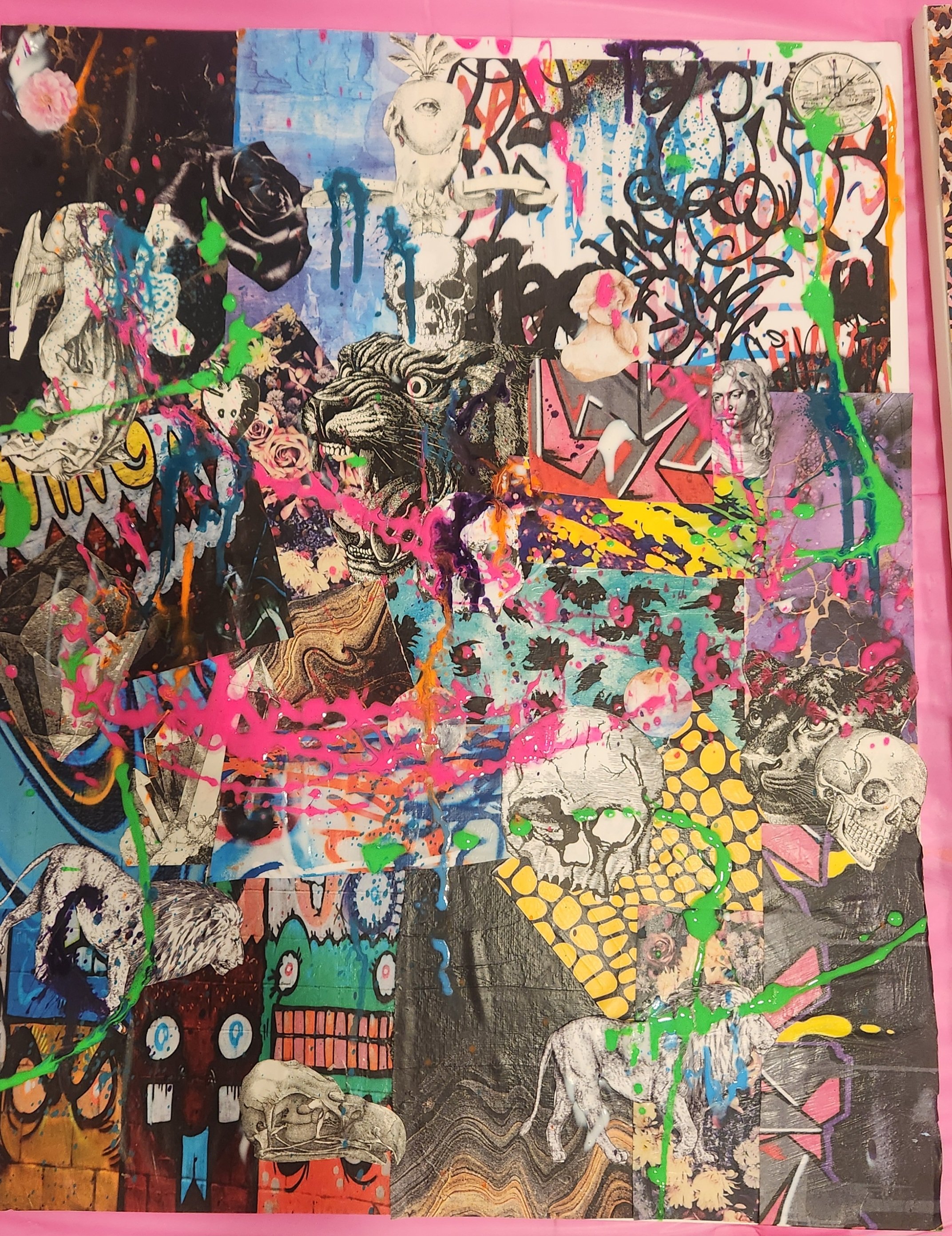 A collage of various images including animals, skulls, roses, a lion, a panther, a rabbit, an owl, colorful abstract patterns, graffiti, and paint splatters, with a pink background.