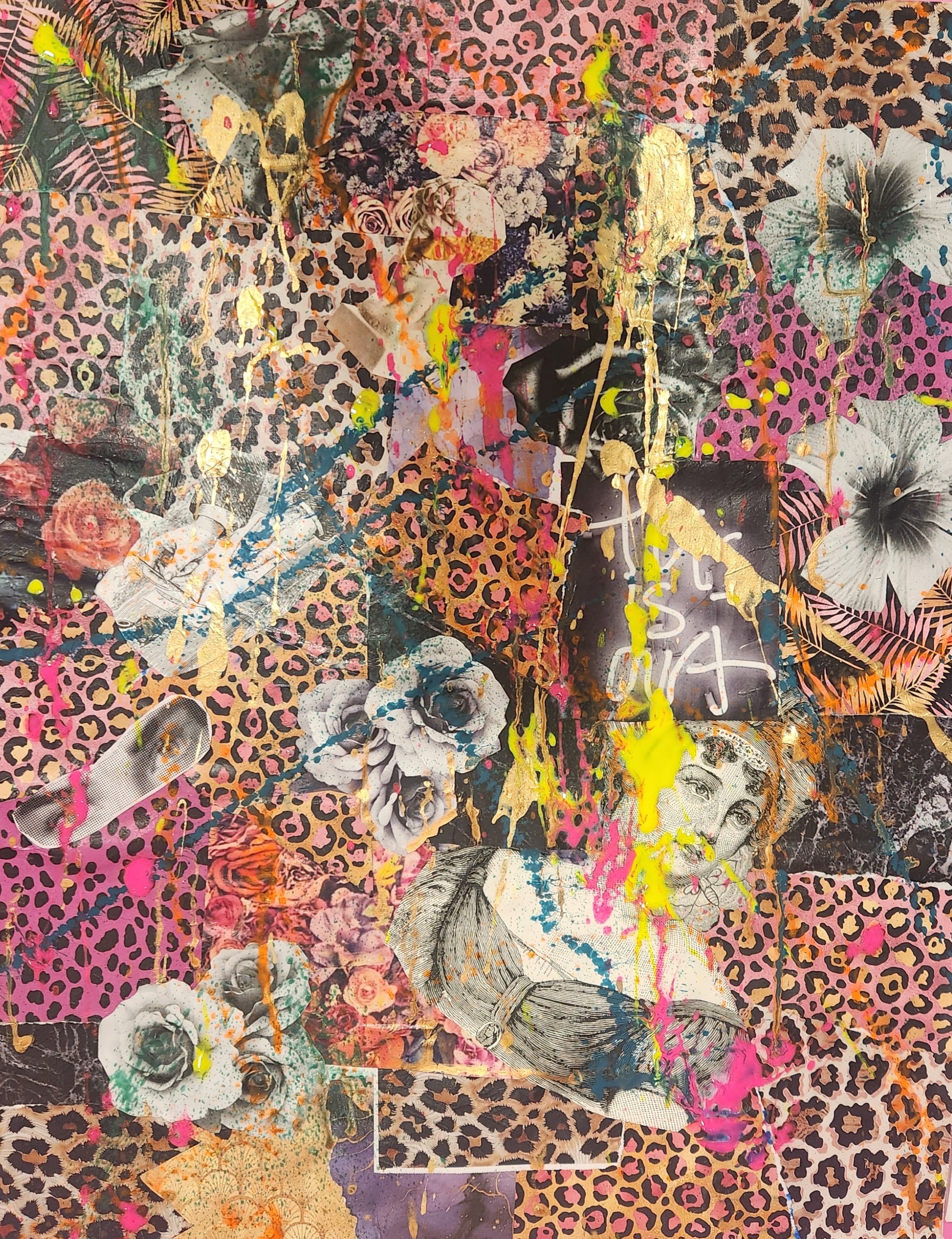 A collage featuring leopard print patterns, black and white photographic portraits, flowers, and abstract splashes of bright yellow, pink, and blue paint.