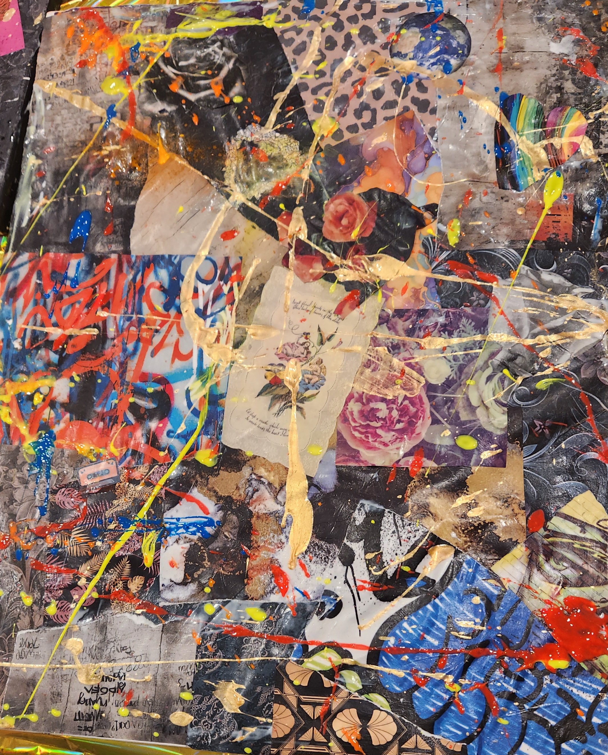 A collage of various images, including flowers, a leopard pattern, and abstract graffiti art, covered with colorful splatters of paint in yellow, red, blue, and beige.