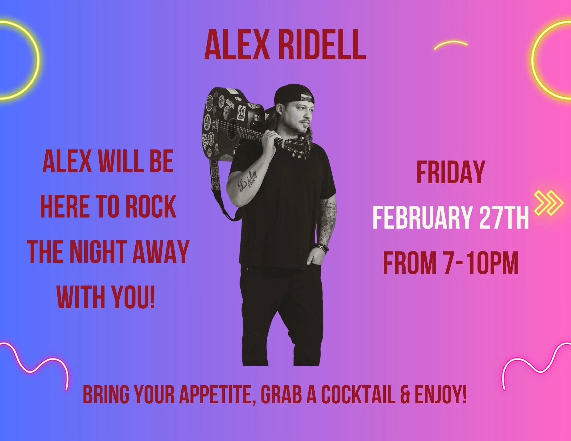 Alex Riddell at Seven Bistro Friday 2/27/26 from 7-10pm