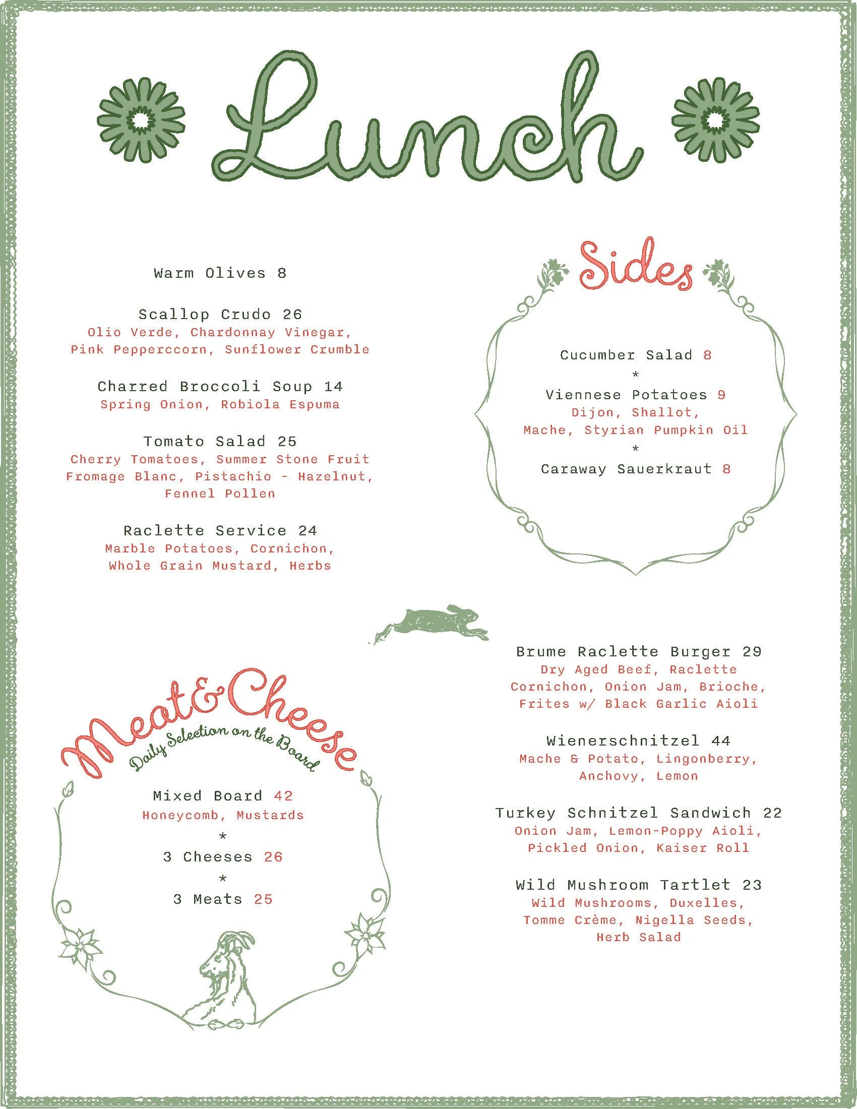 A menu titled 'Lunch' with various meal options and prices, decorated with floral and animal illustrations.