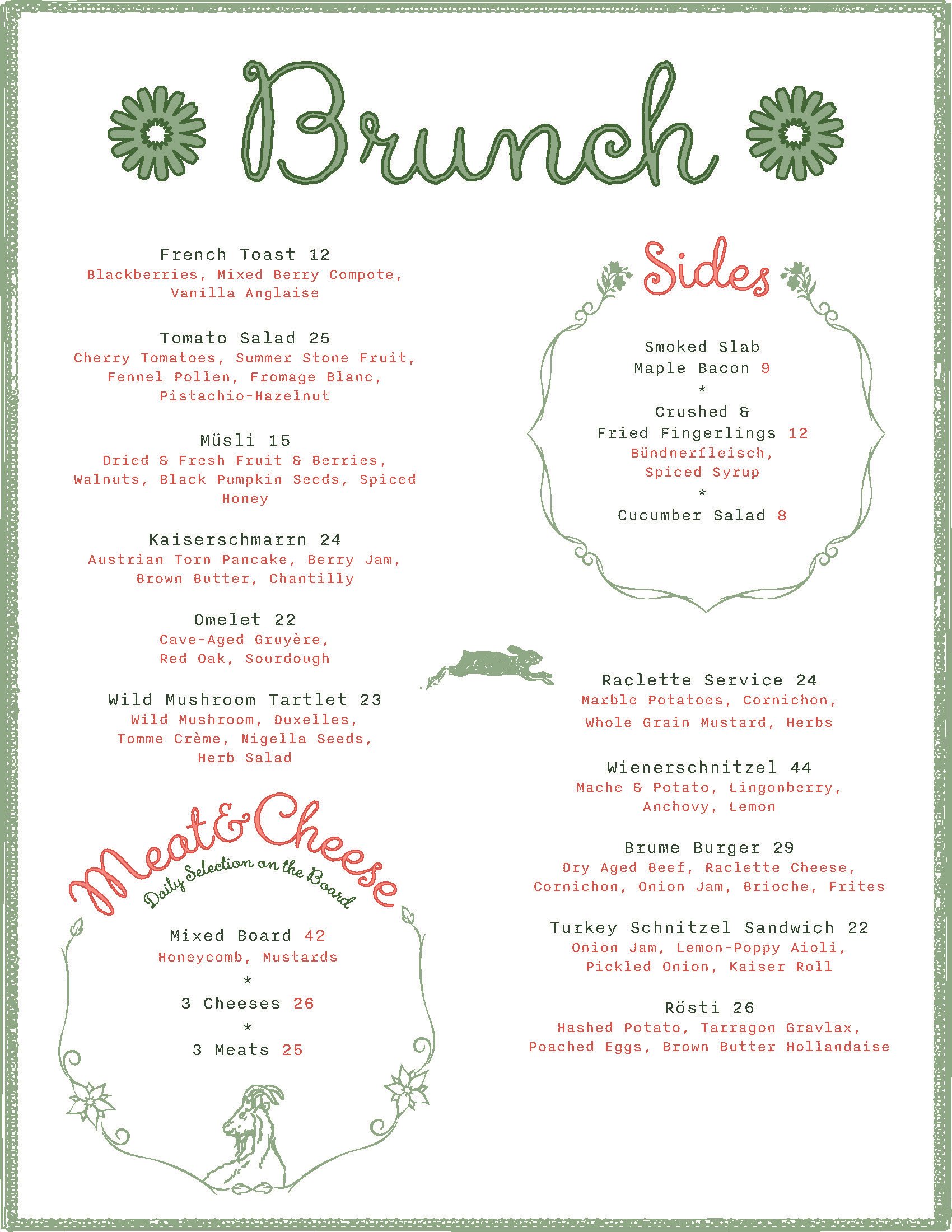 A menu with the title 'Brunch' decorated with floral designs. Food items listed include French Toast, Tomato Salad, Müslí, Kaiserschmarrn, Omelet, Wild Mushroom Tartlet, Mixed Board, Sides, Wiener Schnitzel, Brume Burger, Turkey Schnitzel Sandwich, Rösti, and a section for Beverages. Each dish has a description of ingredients and prices.