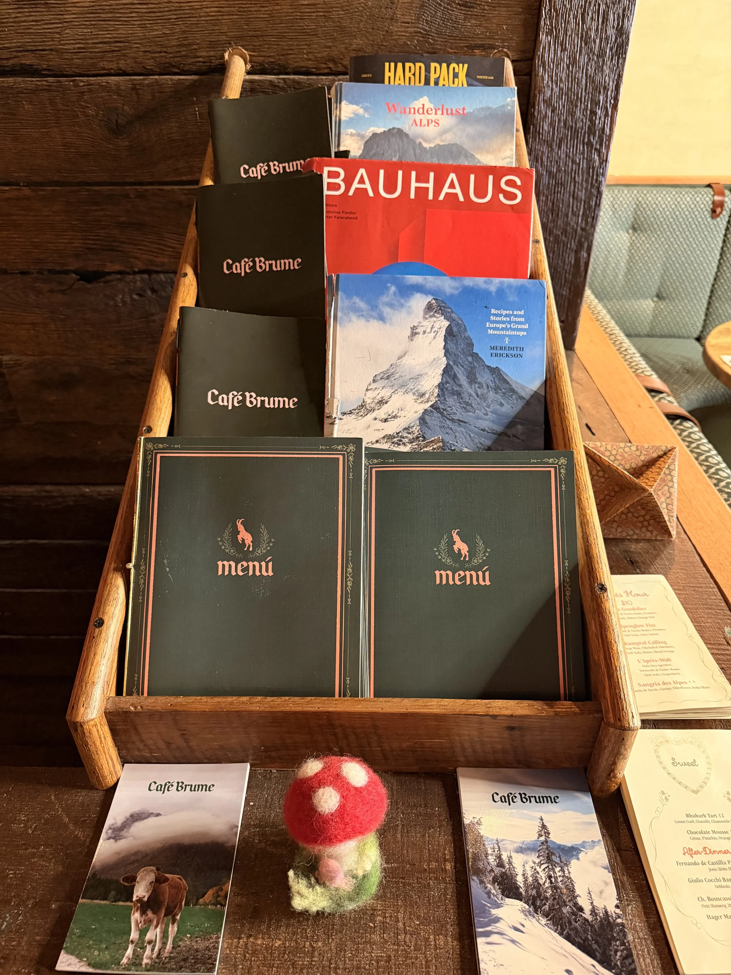 Display of travel and nature books on a wooden tray, including guides and photo books about mountains, Europe, and the Alps, with a red and white felted mushroom decoration in front.