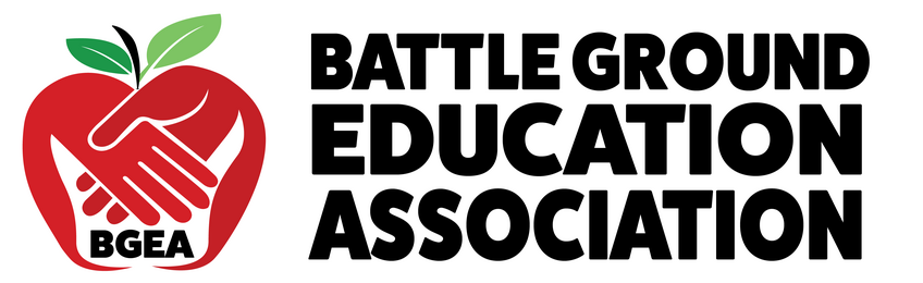 Logo of the Battle Ground Education Association featuring two hands shaking inside a red apple with green leaves, and the text 'Battle Ground Education Association' to the right.