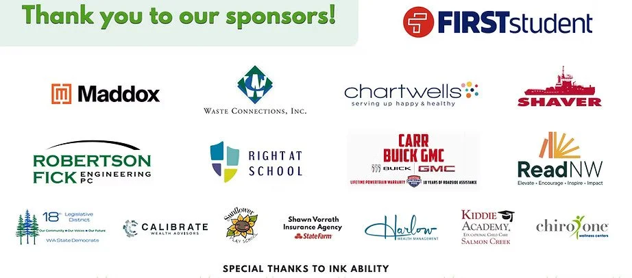 A thank you message to sponsors with logos from various companies including FIRST Studio, Maddox, Waste Connections, Chartwells, Shaver, Robertson Fick Engineering, Right At School, Carr Buick GMC, Read NW, 18th Legislative District, Calibrate Wealth Advisors, Sunflower, Shaw Vorath Insurance Agency, Harlow Health Management, Kiddie Academy, Chirom Wellness Center, and a note of special thanks to Ink Ability.