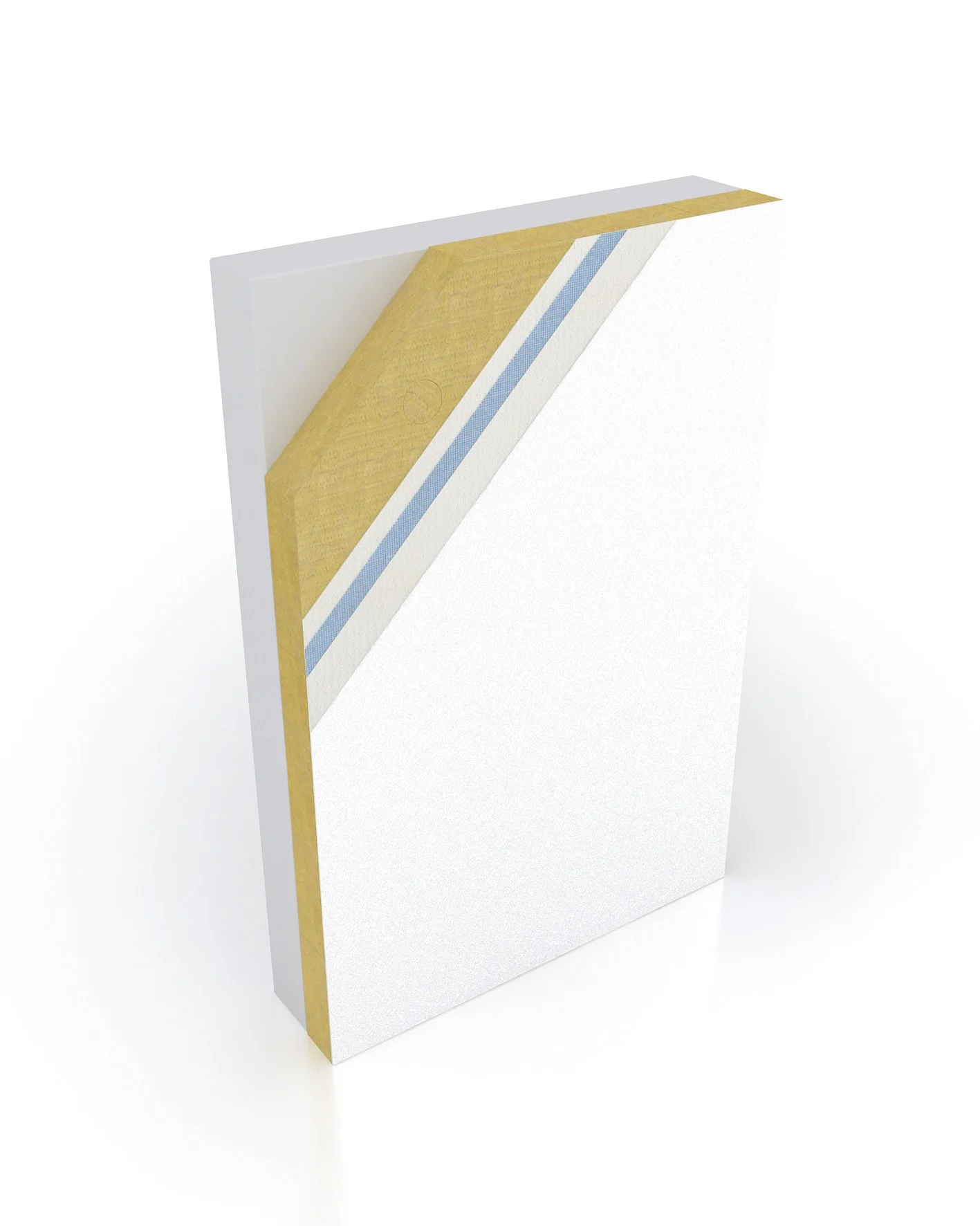 Schnittdurchsicht eines Wandisolationssystems mit verschiedenen Materialien, darunter Mineralwolle, Armierungskleber mit Gewebe, Oberputz und Silikonharz-Beschichtung.