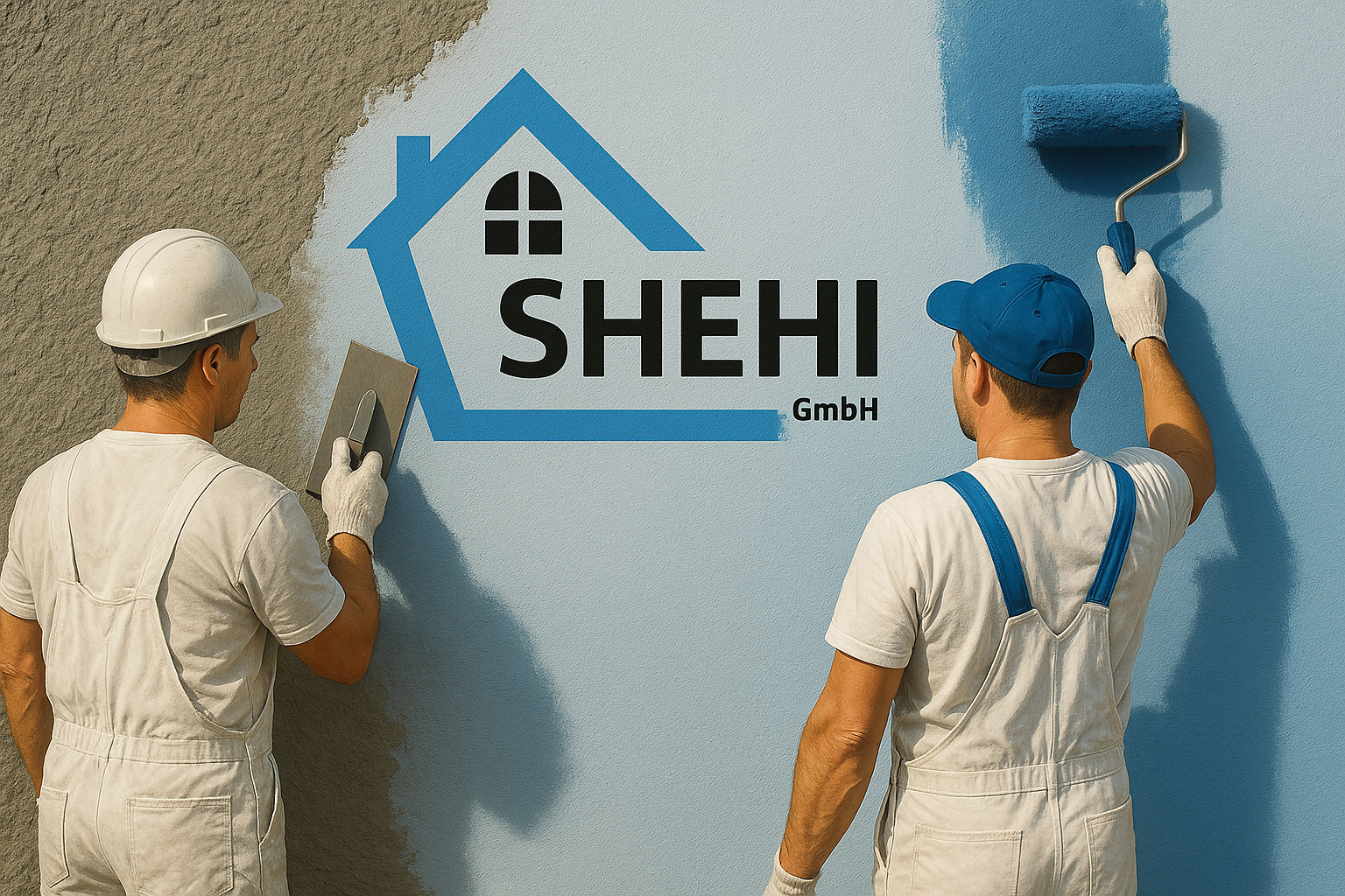 Zwei Bauarbeiter verputzen und streichen eine Außenwand mit blauer Farbe, während sie das Logo und den Namen 'SHEHI GmbH' auf die Wand malen.