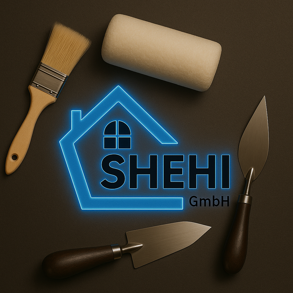 Leuchtendes Logo von SHEHI GmbH, umgeben von Malerwerkzeugen inklusive Pinsel, Spachtel, Farbroller und Kelle.
