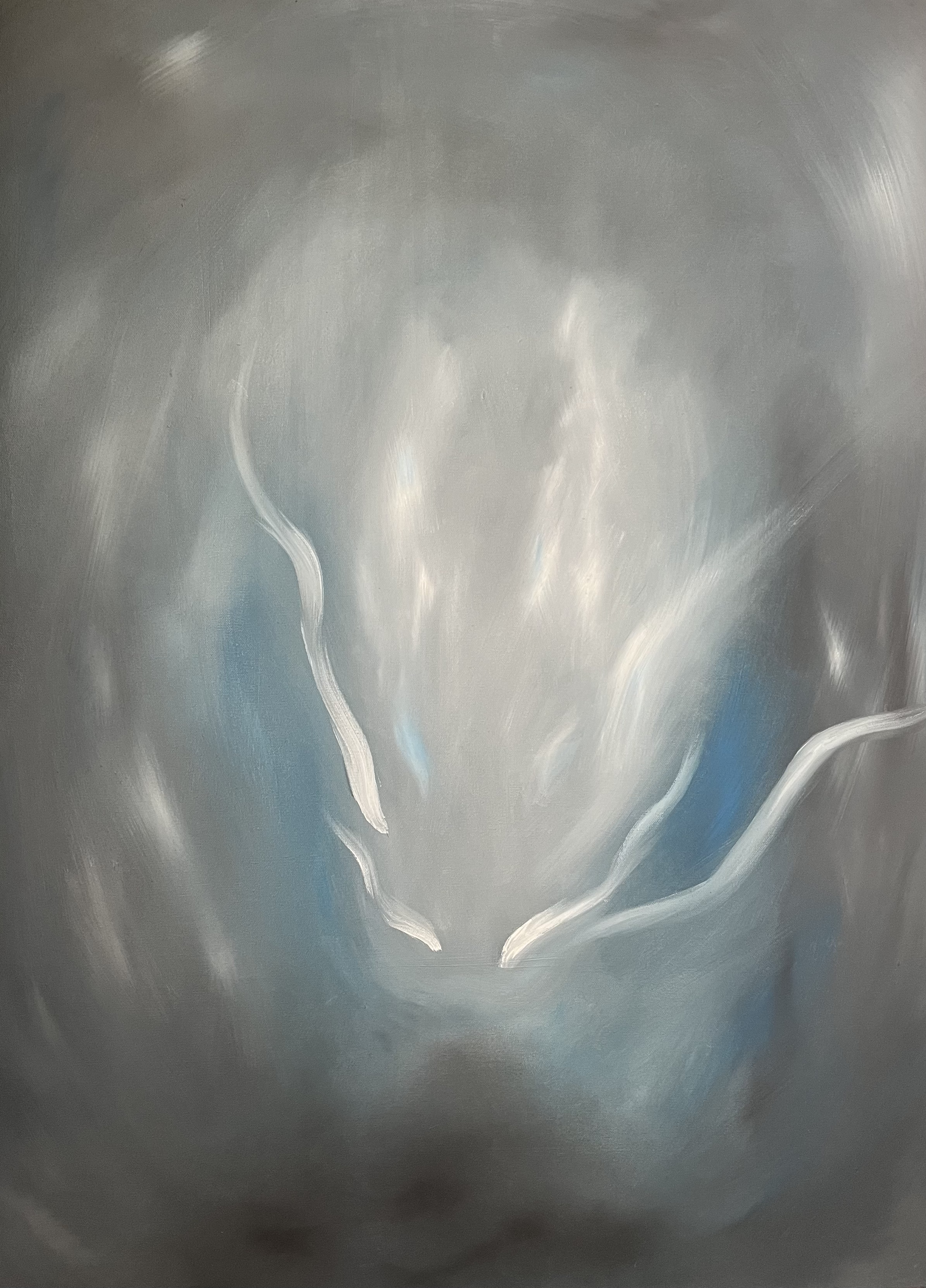 Abstract painting with swirling white and blue shapes on a gray background.