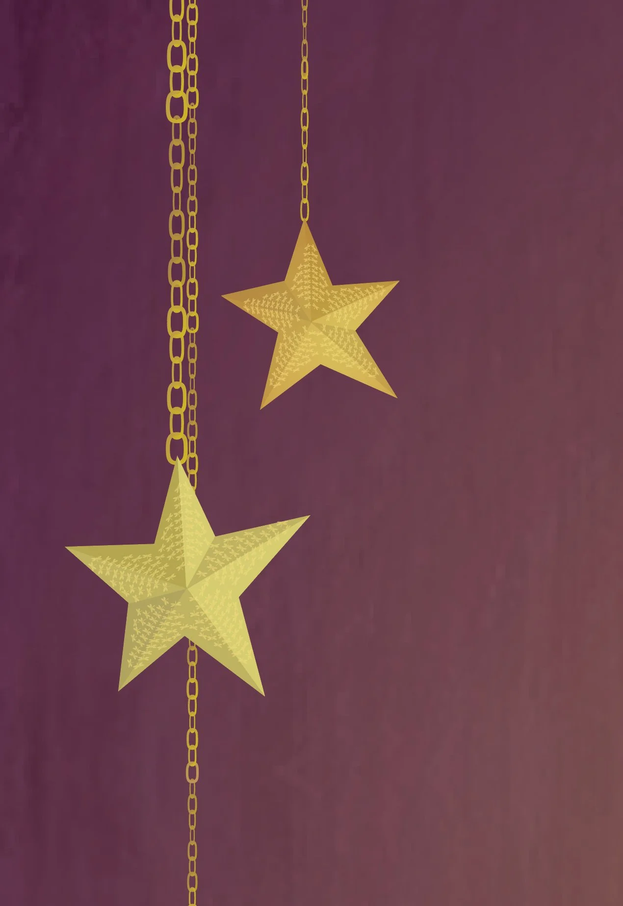 Illustration of two hanging golden stars with decorative patterns on a dark purple background.