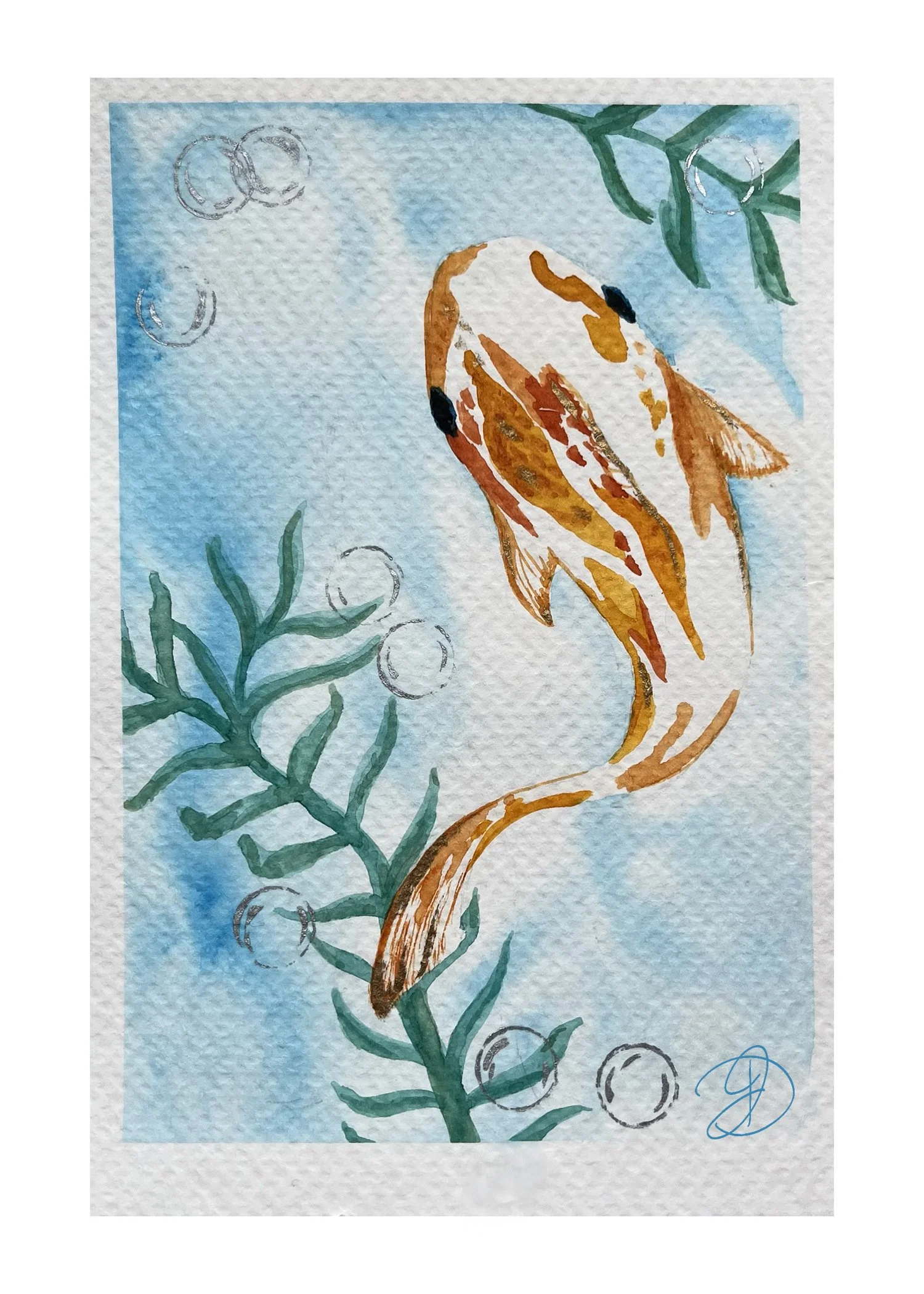 Watercolor painting of a koi fish swimming among aquatic plants and bubbles.