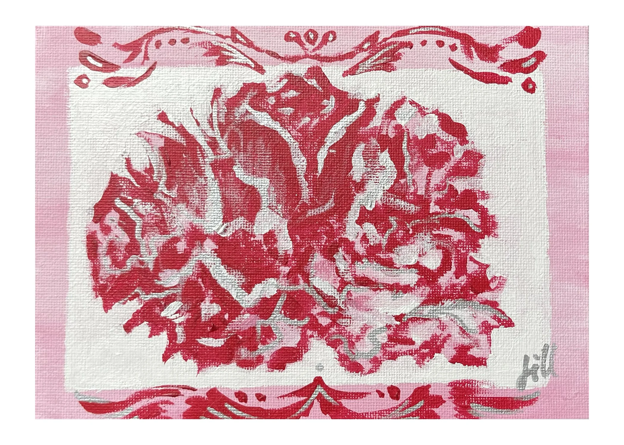 A red and pink illustration of a rose with decorative borders on a textured pink background.