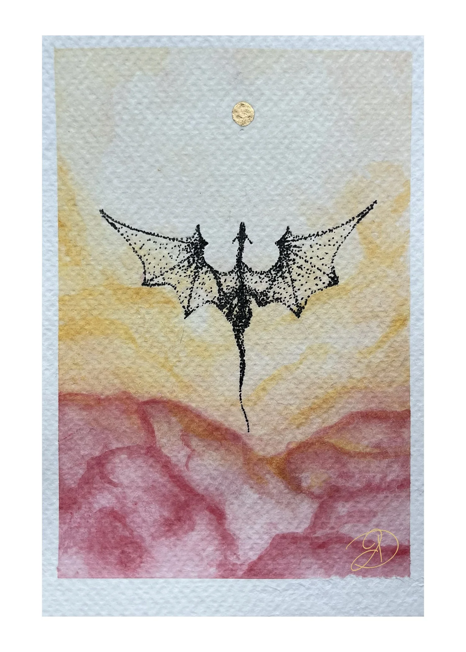 Watercolor painting of a bat with outstretched wings flying against a yellow and pink cloudy sky, with a small moon above.