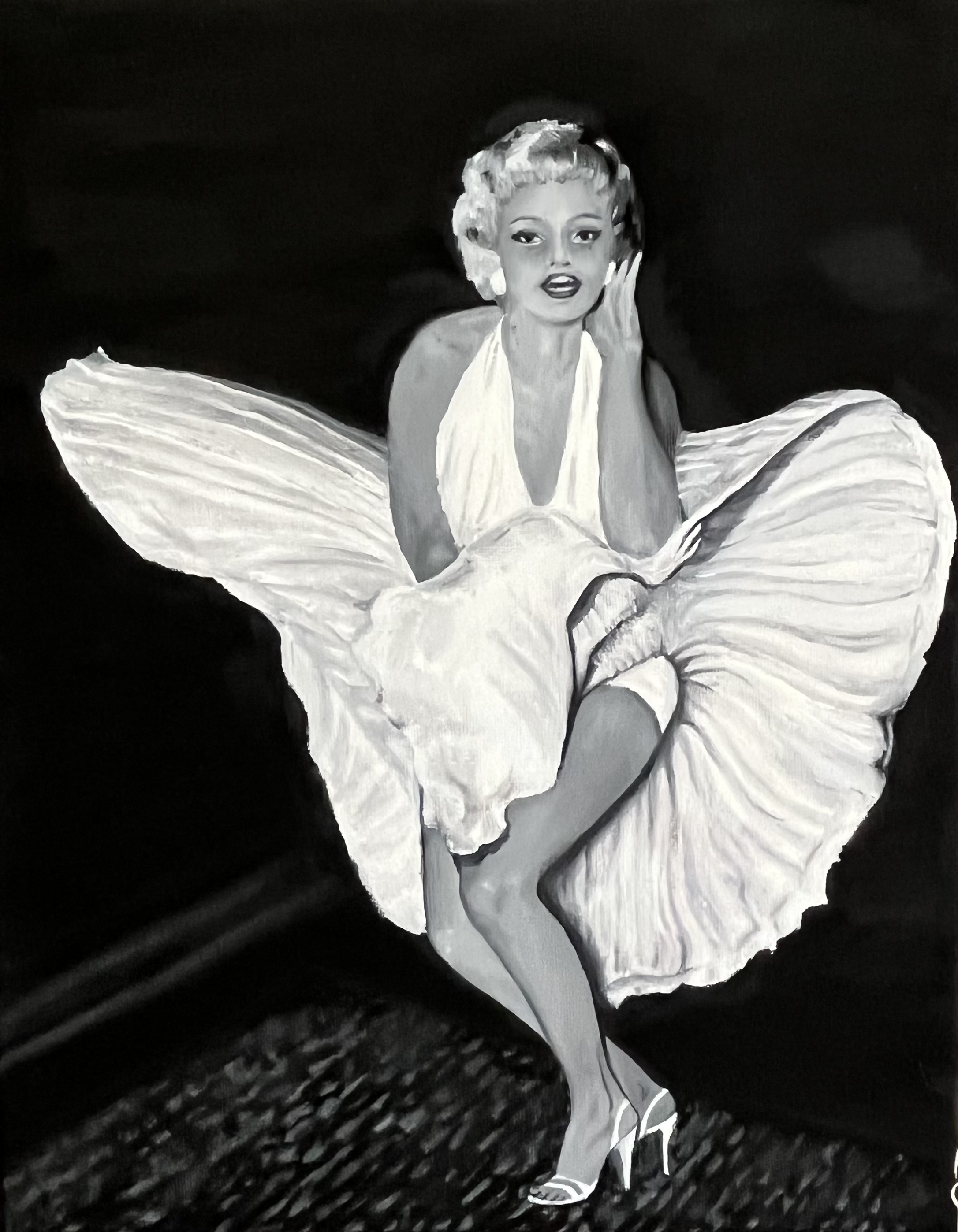 Black and white illustration of a woman in a flowing dress and heels, posing dramatically with her dress billowing upward.