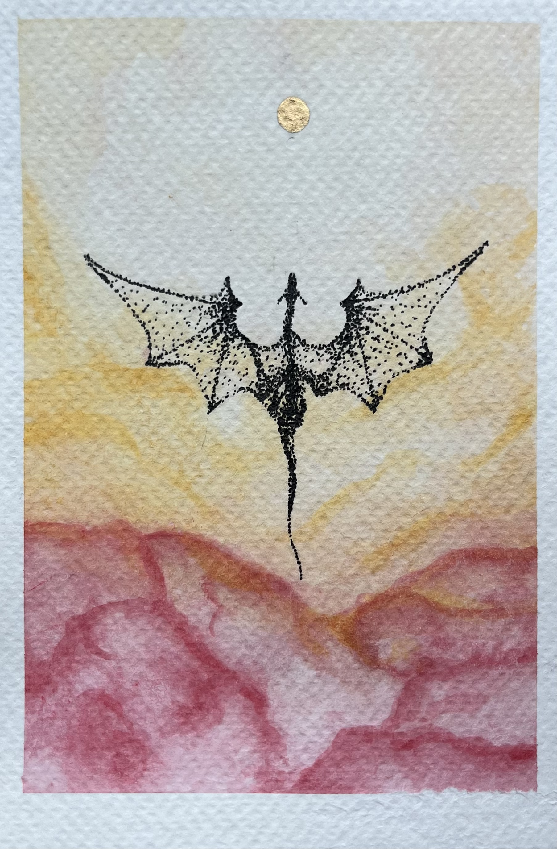 Silhouette of a dragon with wings extended flying in front of a watercolor sunset sky with a small golden sun.