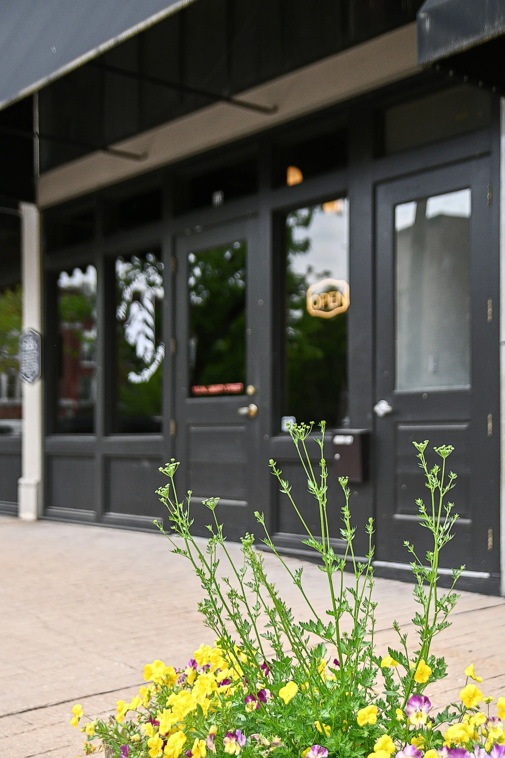 Storefront with black doors and an "open" sign, foregrounded by colorful flowers in a planter.
