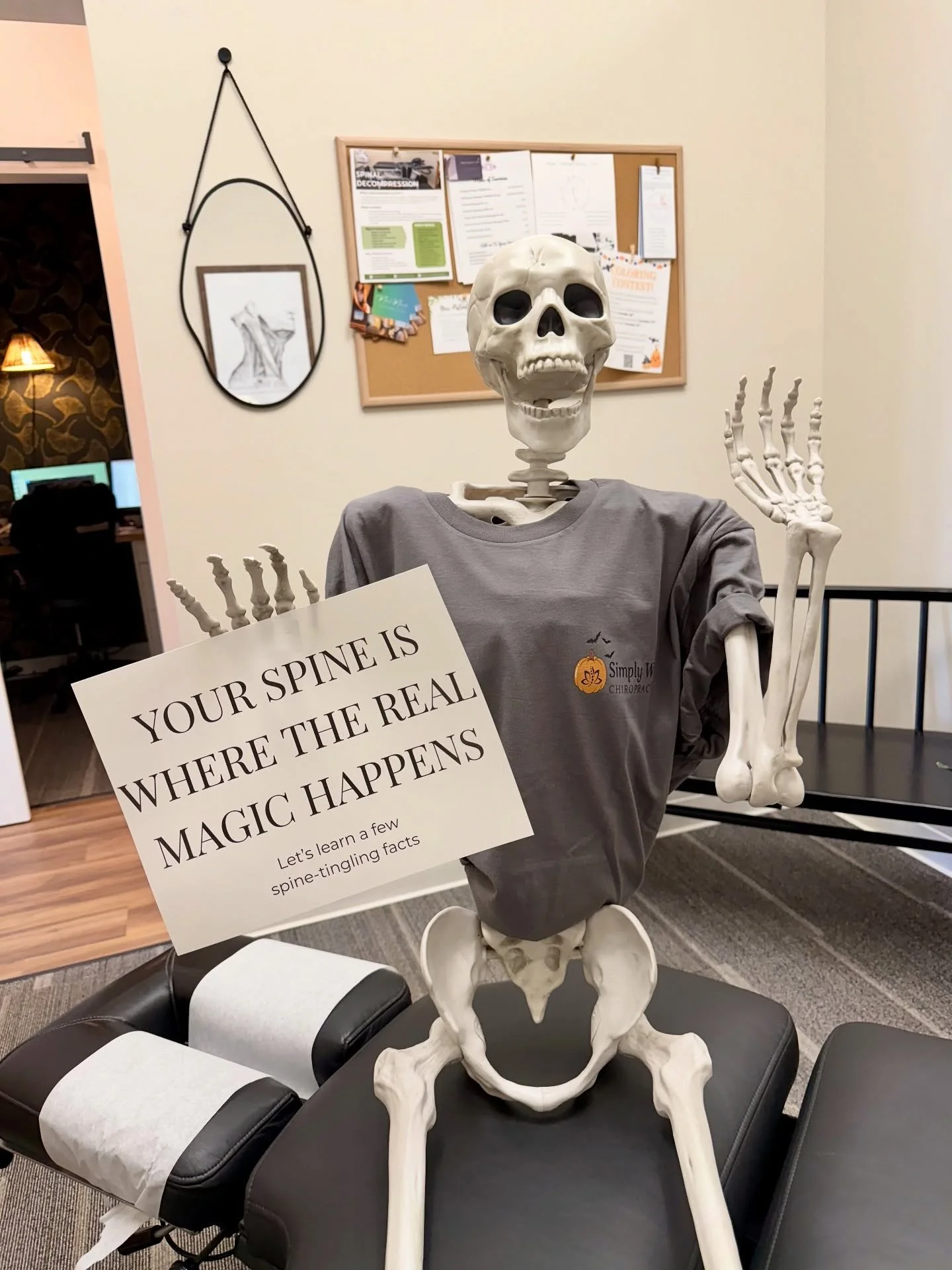 Our office mascot has been studying up 💀📚
33 bones, 31 pairs of nerves, and one very important job&hellip; keeping your body in motion 👻

Stay spooky, stay aligned, stay well 💚

#SimplyWellChiropractic #LivoniaWellness #SpineHealth #ChiropracticH
