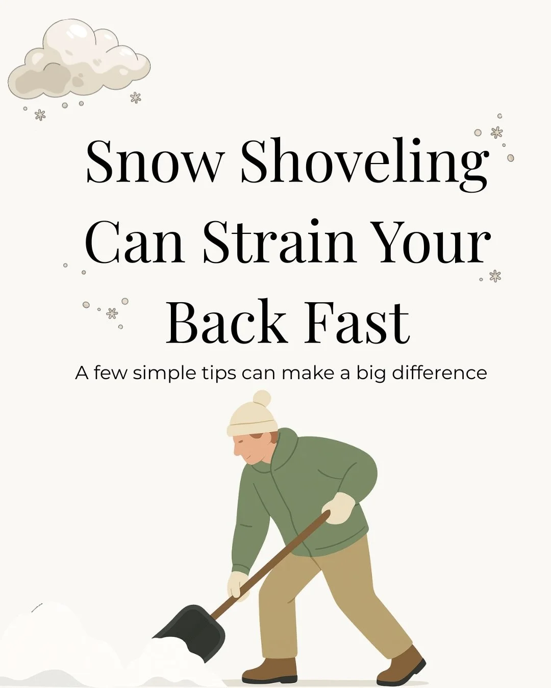 Snow shoveling seems harmless&hellip; until your back reminds you otherwise ❄️

A lot of winter aches come from:
&bull; Bending instead of using the legs
&bull; Twisting while lifting
&bull; Skipping a quick warm-up
&bull; Trying to rush through it

